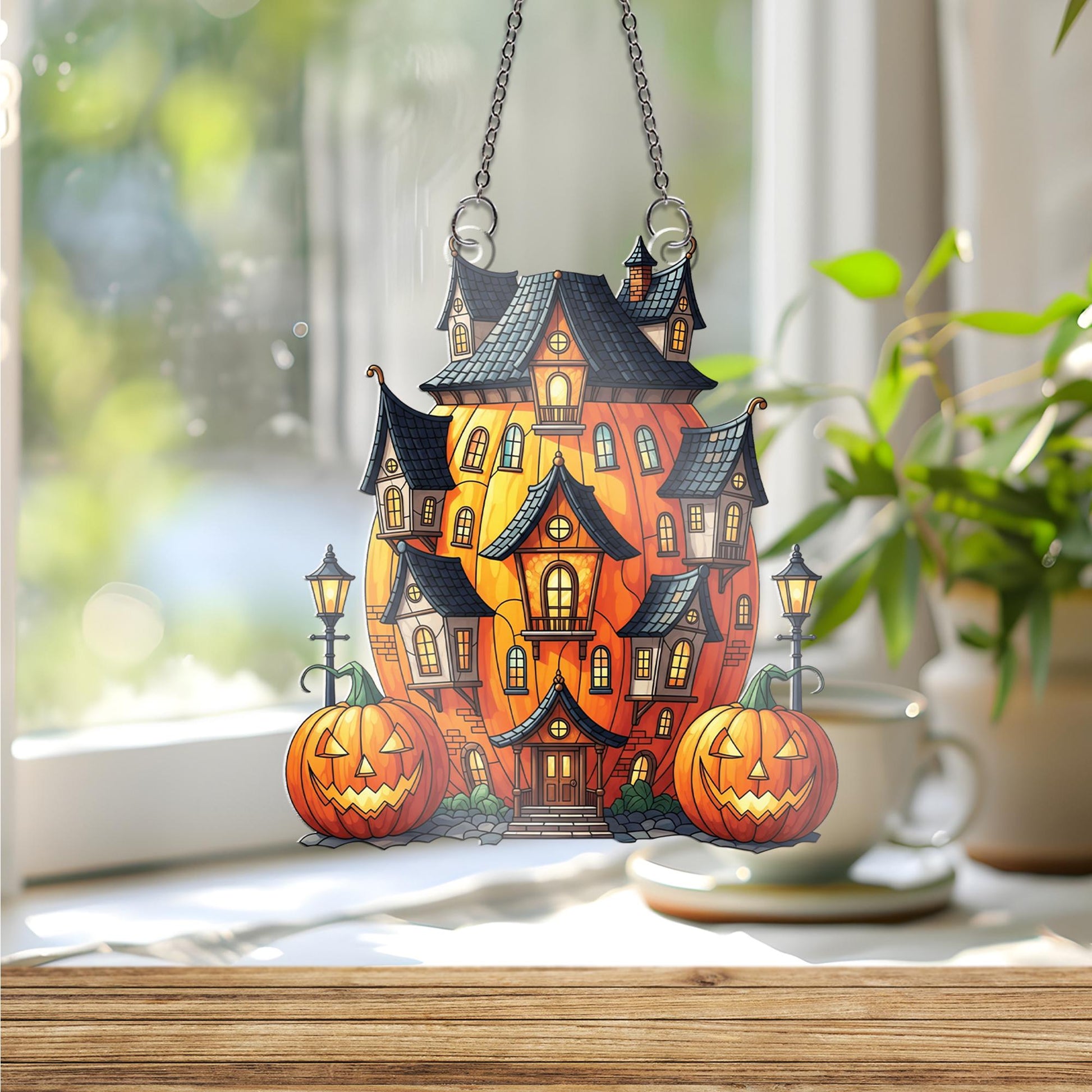 Pumpkin Haunted House Ornament , Halloween Window Hanging Decor, Spooky Fall Ornament, Jack-o’-Lantern Home Decoration