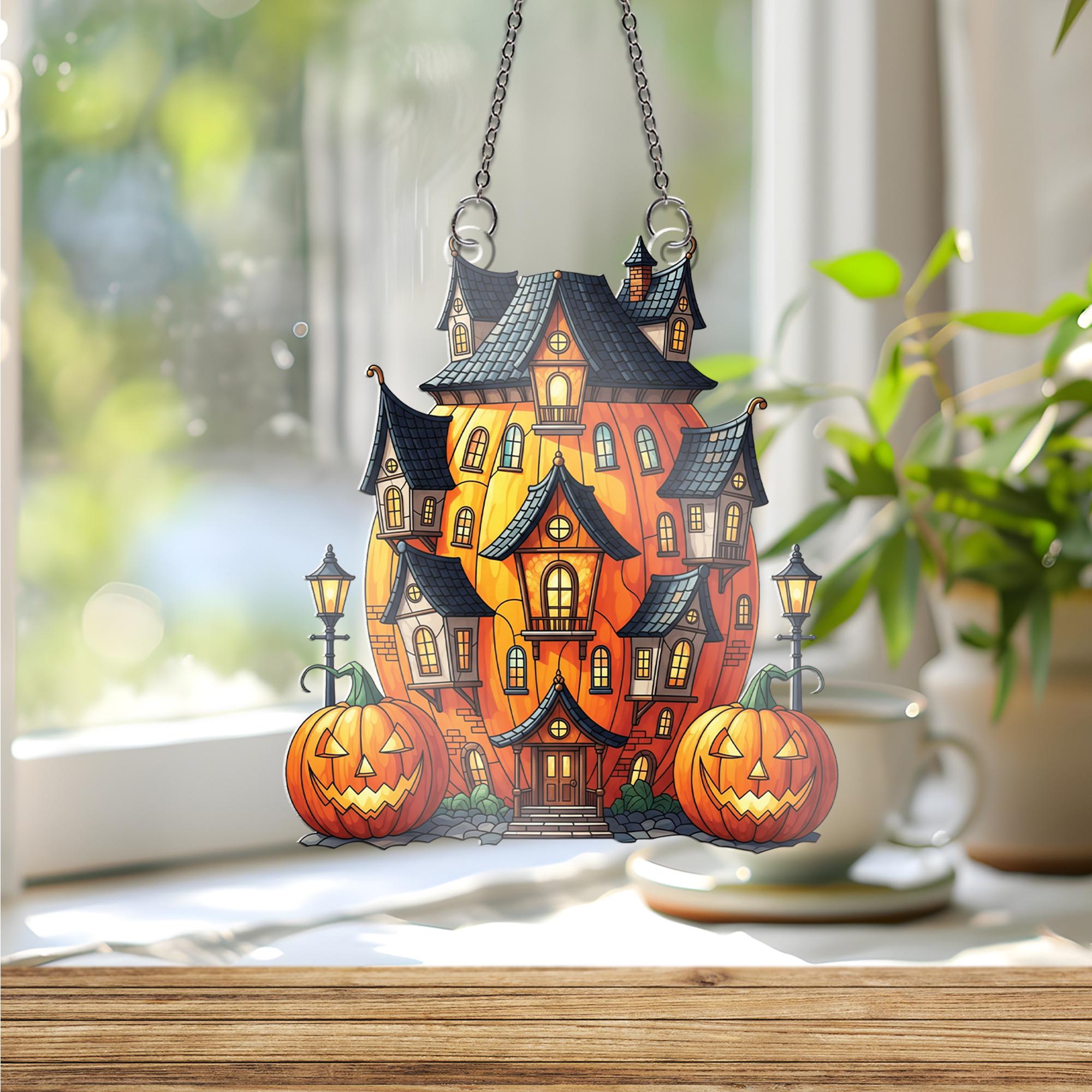 Pumpkin Haunted House Ornament , Halloween Window Hanging Decor, Spooky Fall Ornament, Jack-o’-Lantern Home Decoration
