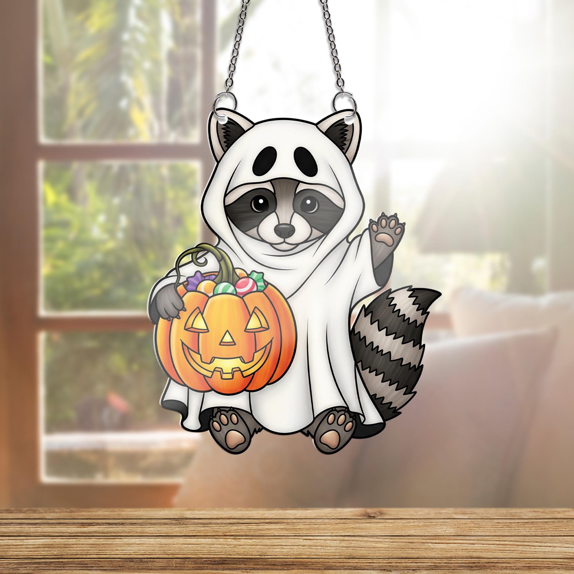 Ghost Raccoon Halloween Ornament , Trick or Treat Candy Pumpkin Window Decor, Cute Fall Animal Ornament, Spooky Gift