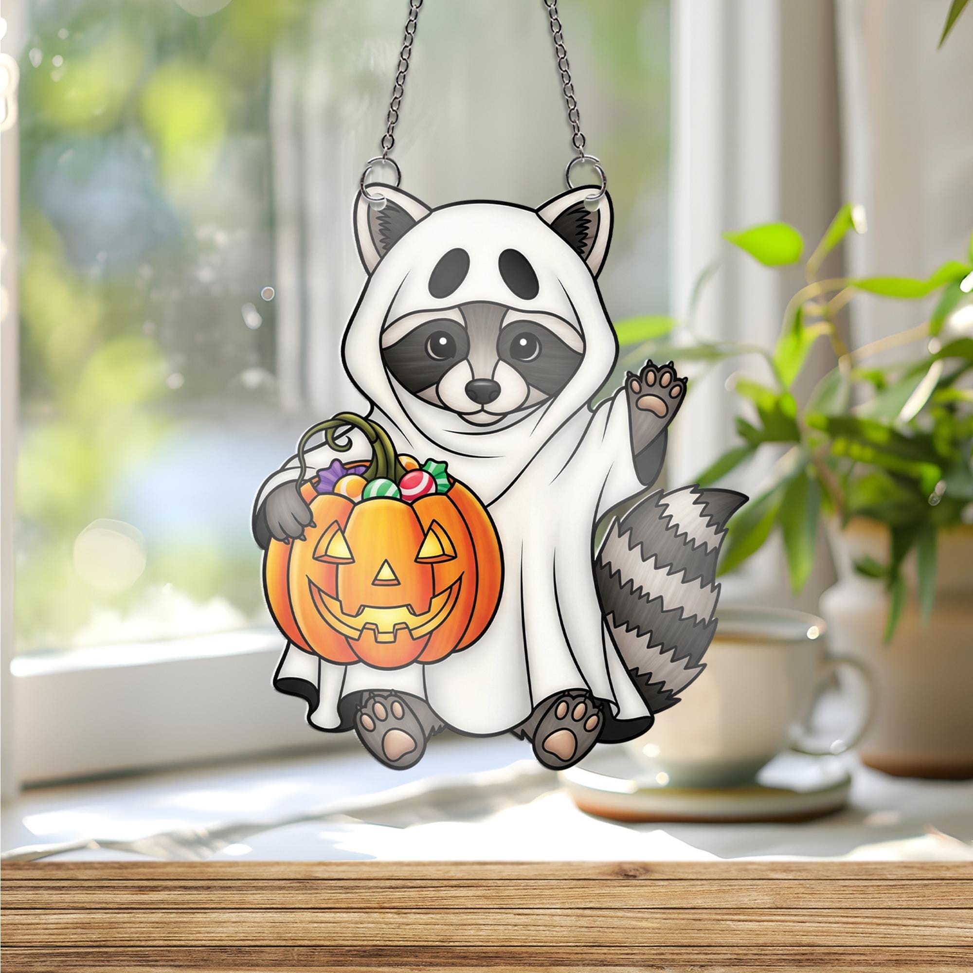 Ghost Raccoon Halloween Ornament , Trick or Treat Candy Pumpkin Window Decor, Cute Fall Animal Ornament, Spooky Gift