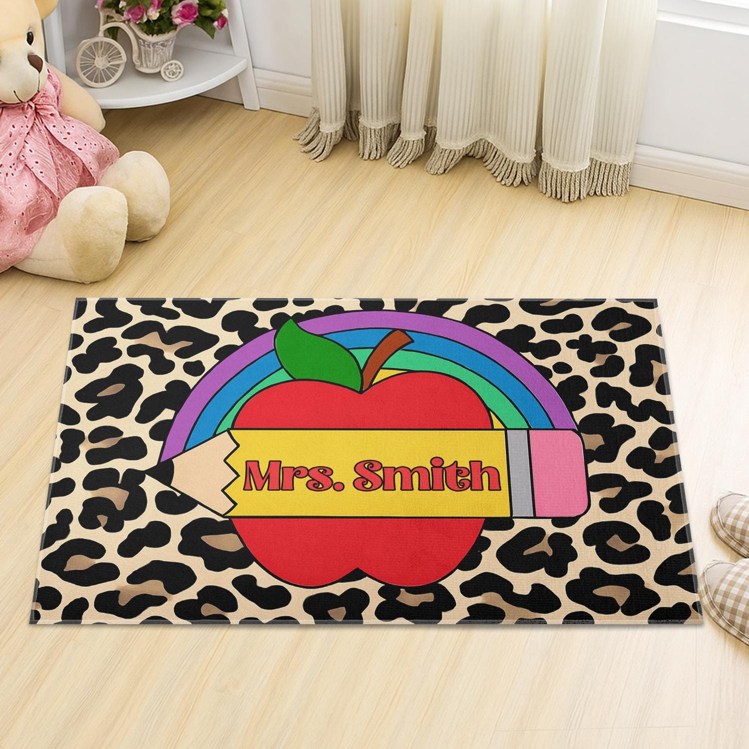 Leopard Print Teacher Doormat, Personalized Classroom Rug with Rainbow, Apple, Pencil, Custom Name Mat for Teacher, Educators, School Staffs
