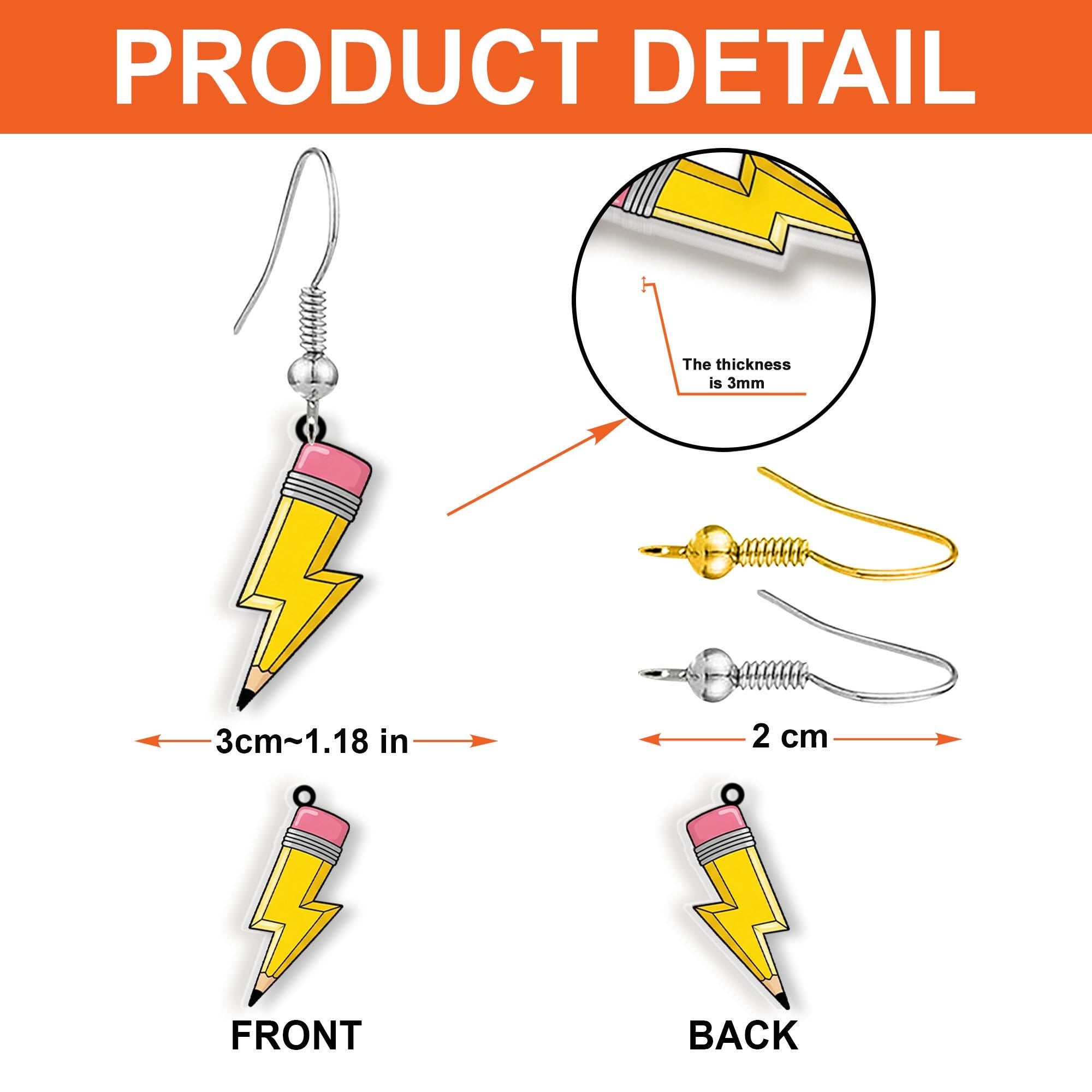 Lightning Pencil Earrings, Back to School Teacher Gift, Fun School Jewelry, Cute Classroom Accessory, Teacher Appreciation