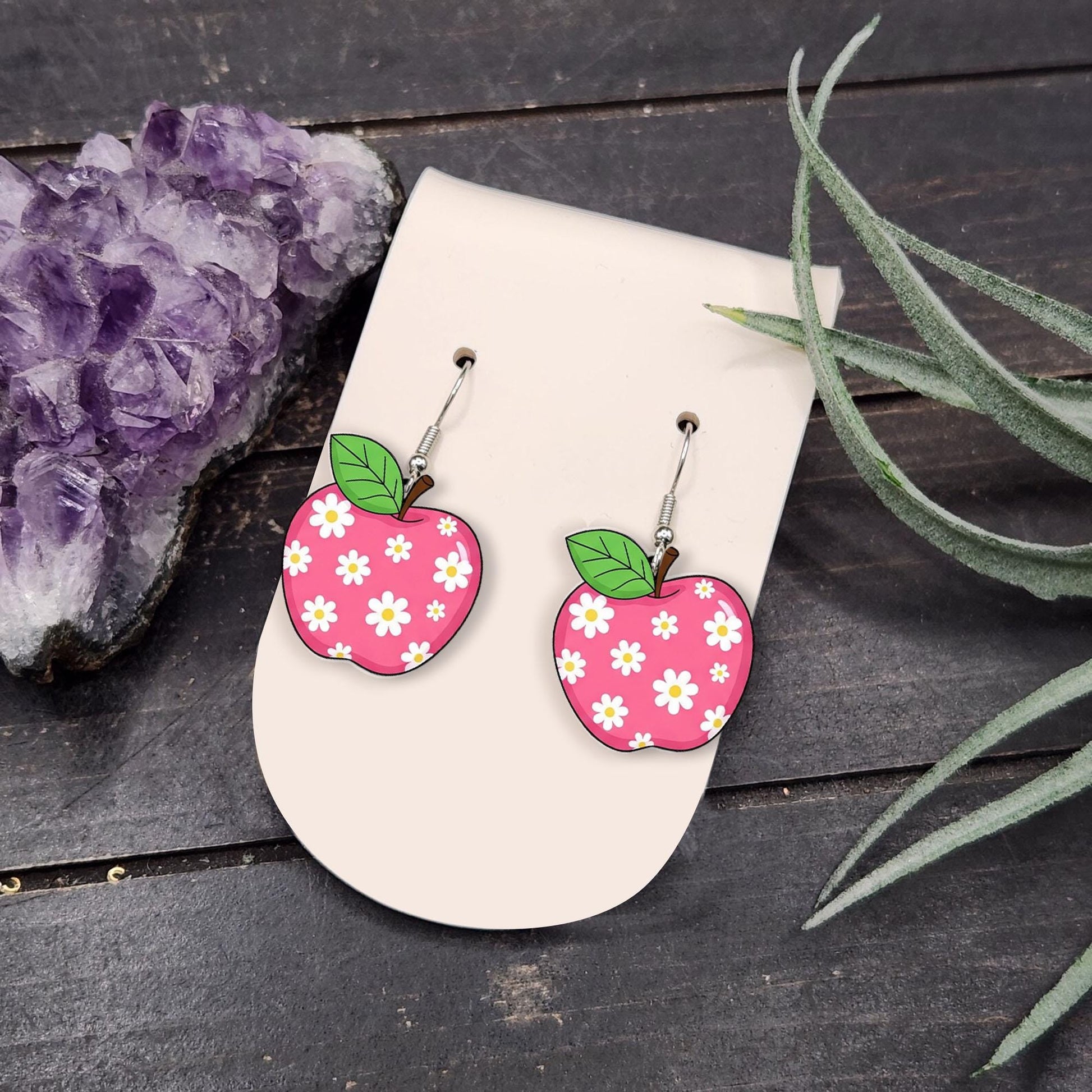 Floral Apple Earrings, Teacher Back to School Gift, Cute Classroom Jewelry, Daisy Apple Dangles, Fun Teacher Accessories
