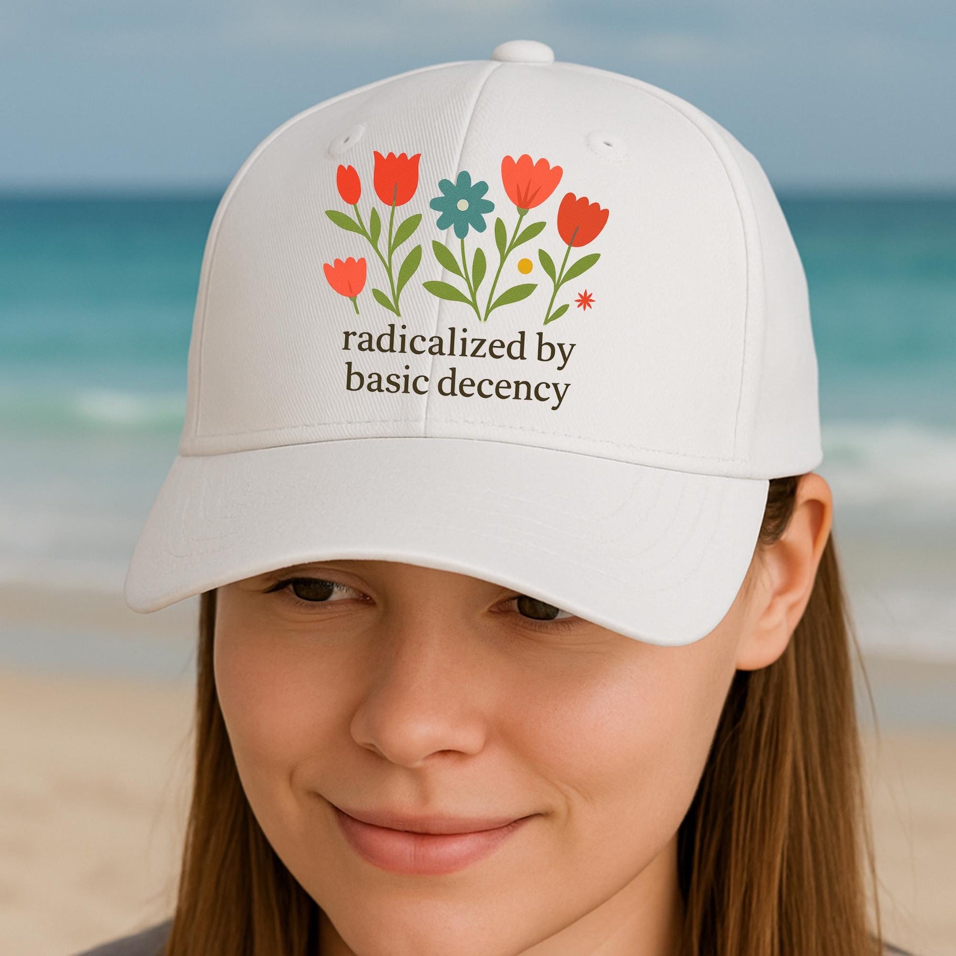 Radicalized by Basic Decency Hat, Floral Protest Cap, Progressive Statement Baseball Hat, Feminist Activist Apparel