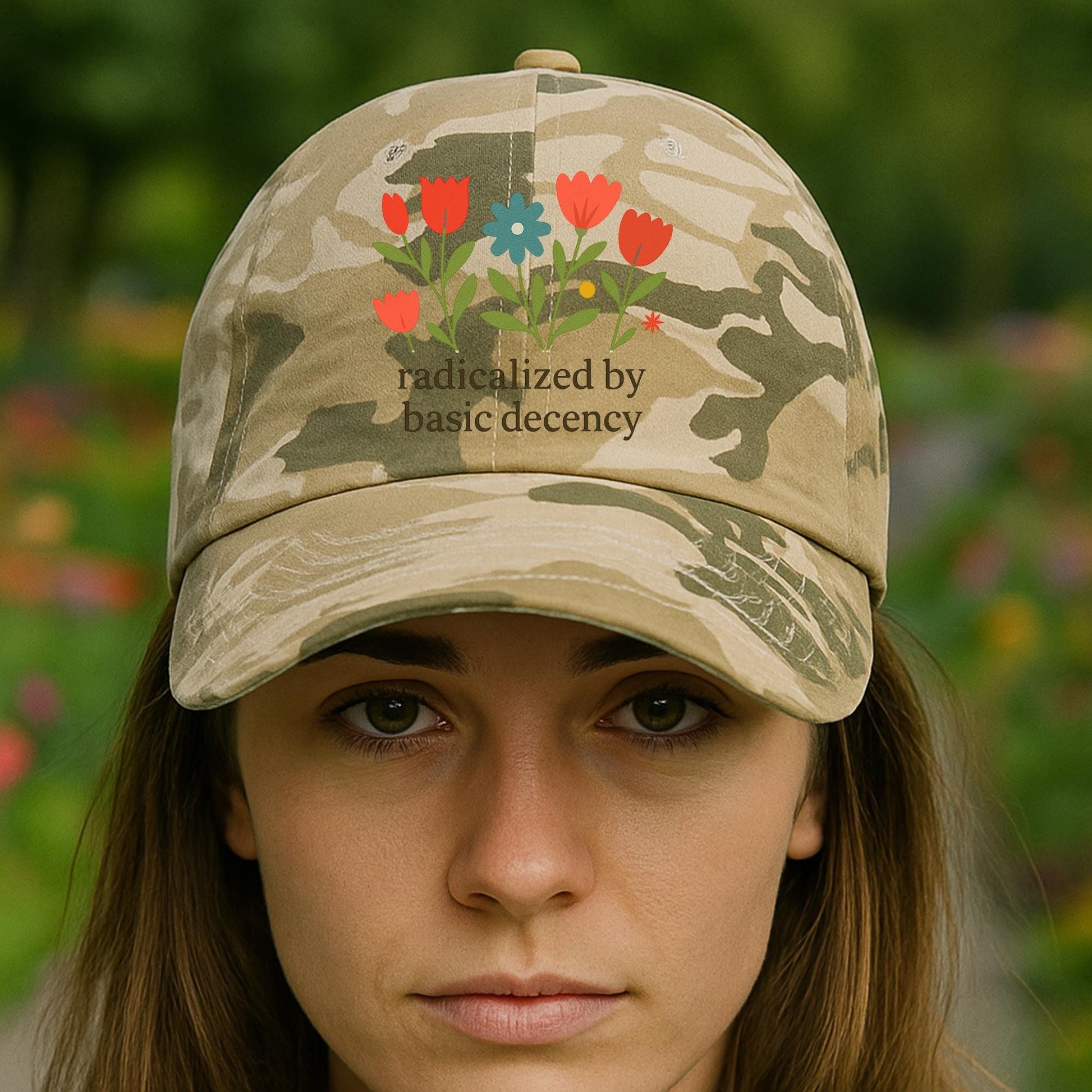 Radicalized by Basic Decency Hat, Floral Protest Cap, Progressive Statement Baseball Hat, Feminist Activist Apparel