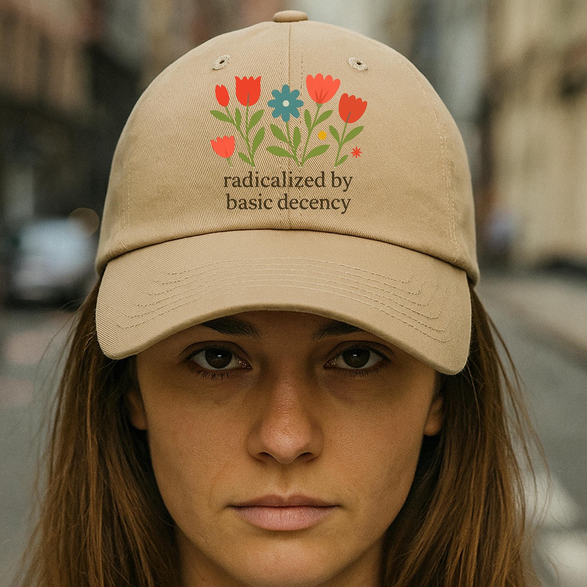 Radicalized by Basic Decency Hat, Floral Protest Cap, Progressive Statement Baseball Hat, Feminist Activist Apparel