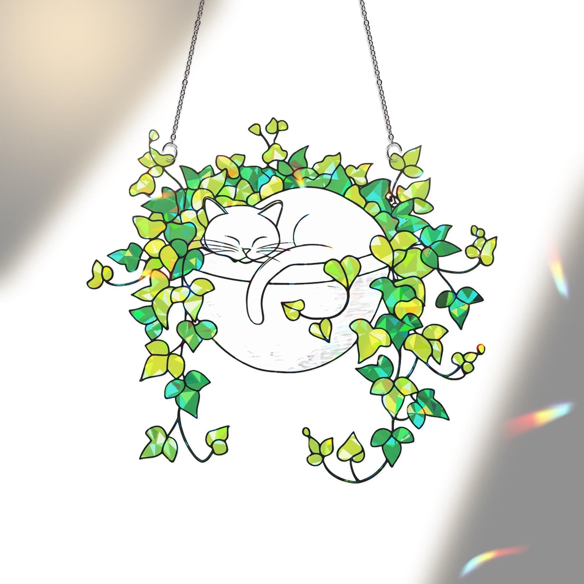 White Cat Sleeping on Ivy Hologram Ornament | Cat ACRYLIC Window Hanging | Plant Lover Gift | Ivy Plants Decor, Cozy Cat Decor, Gift For Mom
