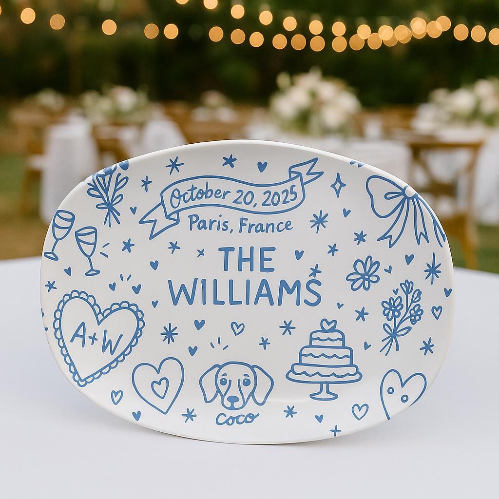 Custom Wedding Platter with Pet Name & Date, Personalized Couple Keepsake Plate, Hand-Drawn style Anniversary Gift, Wedding Table Decor