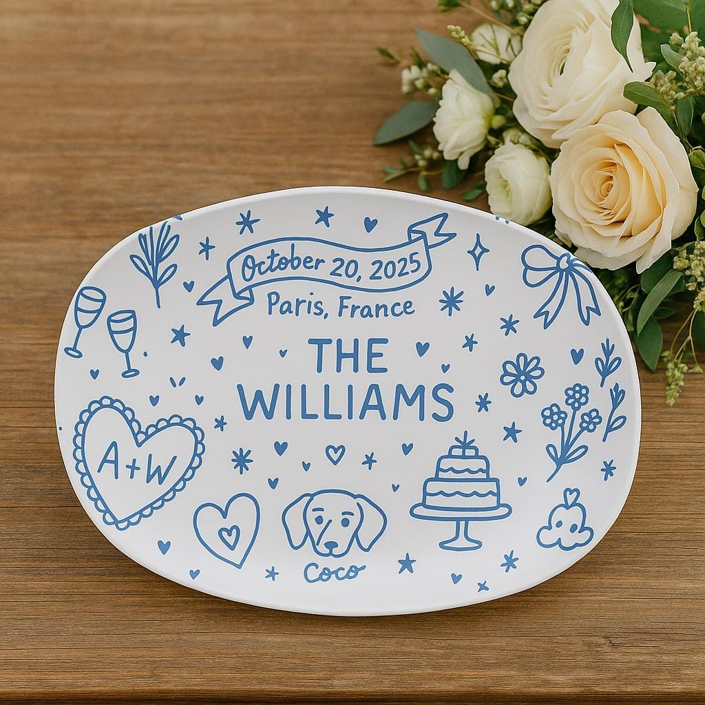 Custom Wedding Platter with Pet Name & Date, Personalized Couple Keepsake Plate, Hand-Drawn style Anniversary Gift, Wedding Table Decor