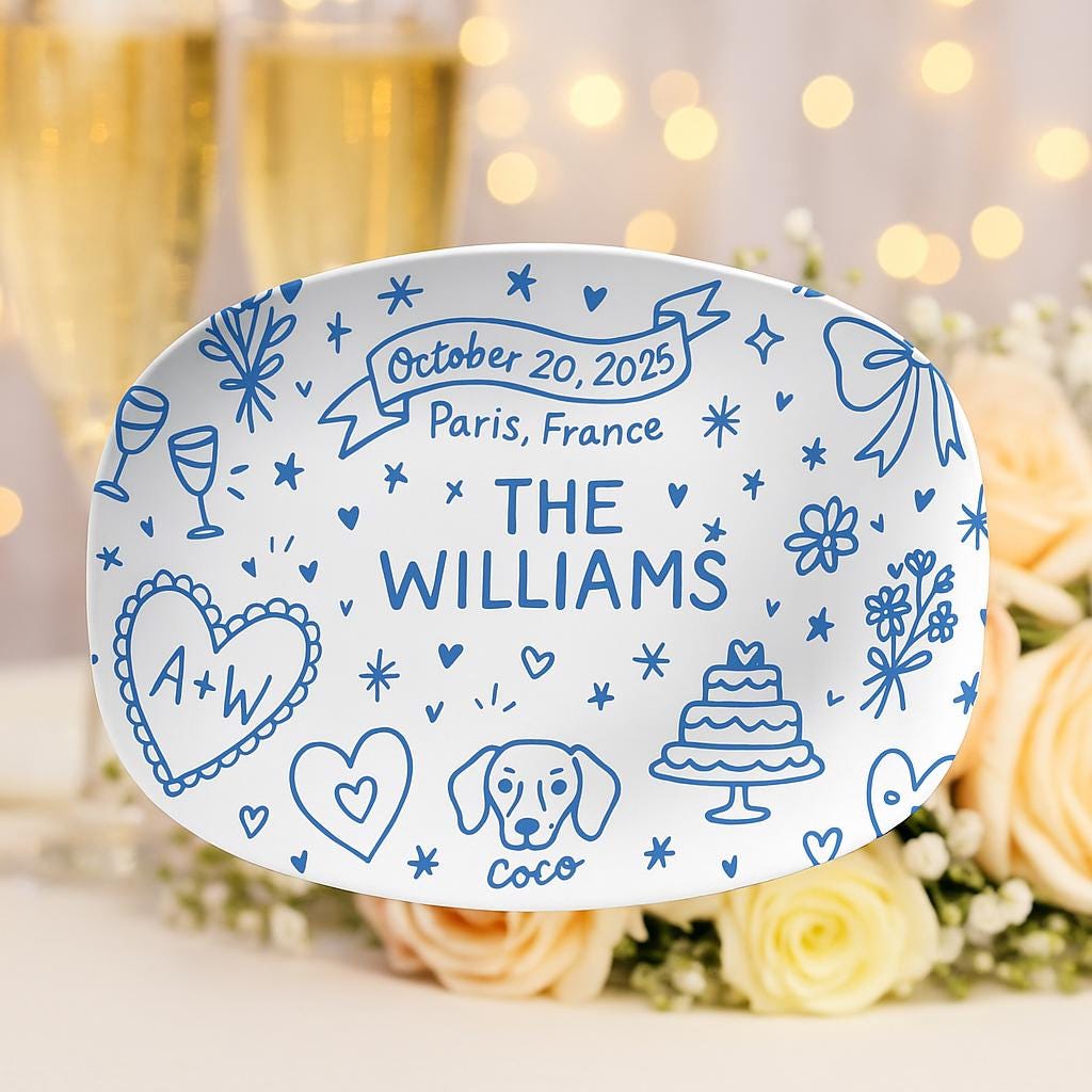 Custom Wedding Platter with Pet Name & Date, Personalized Couple Keepsake Plate, Hand-Drawn style Anniversary Gift, Wedding Table Decor