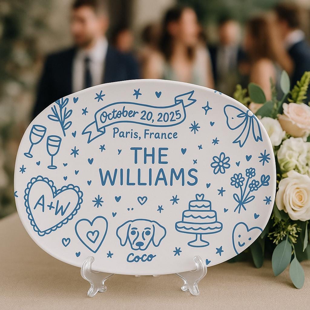 Personalized Wedding Keepsake Platter, Custom Couple Name Plate with Dog & Date, Romantic Engagement or Anniversary Gift Decor