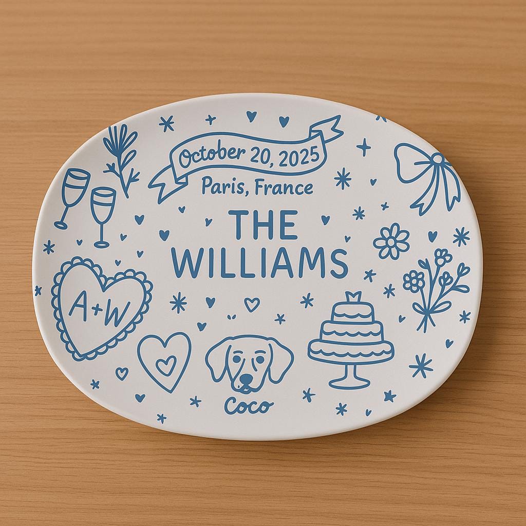 Personalized Wedding Keepsake Platter, Custom Couple Name Plate with Dog & Date, Romantic Engagement or Anniversary Gift Decor