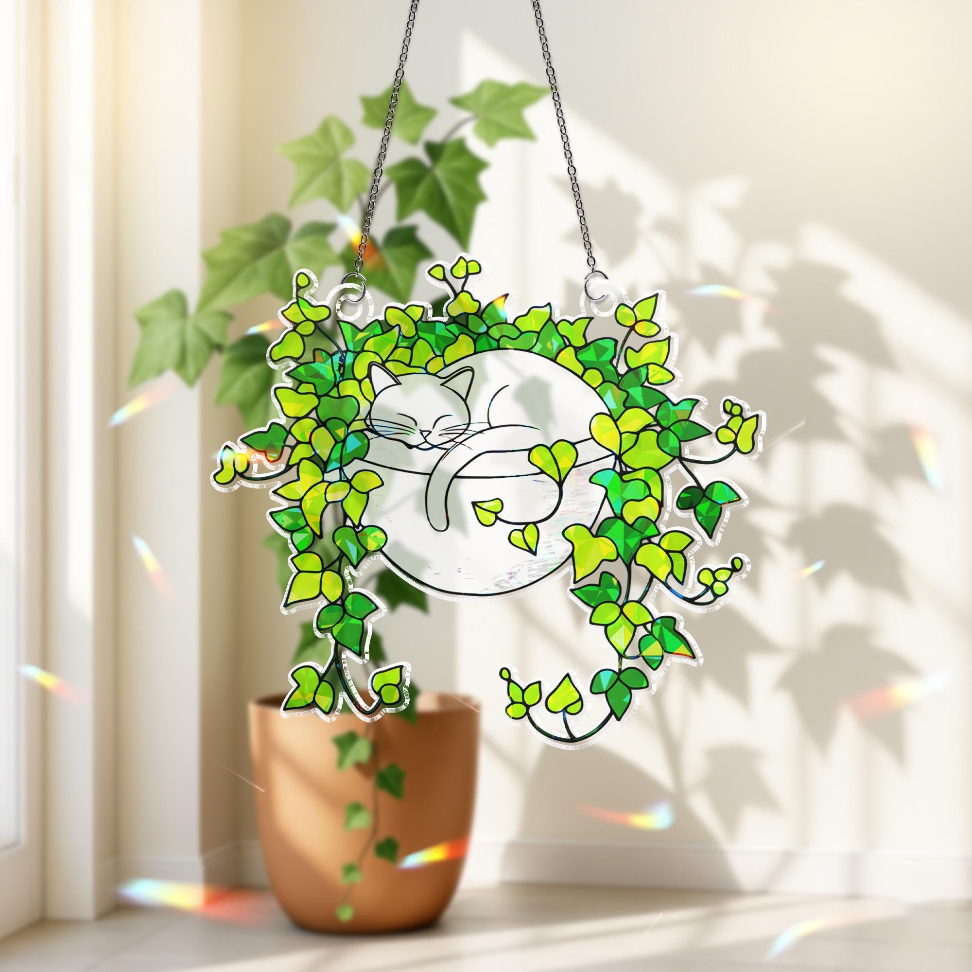 White Cat Sleeping on Ivy Hologram Ornament | Cat ACRYLIC Window Hanging | Plant Lover Gift | Ivy Plants Decor, Cozy Cat Decor, Gift For Mom