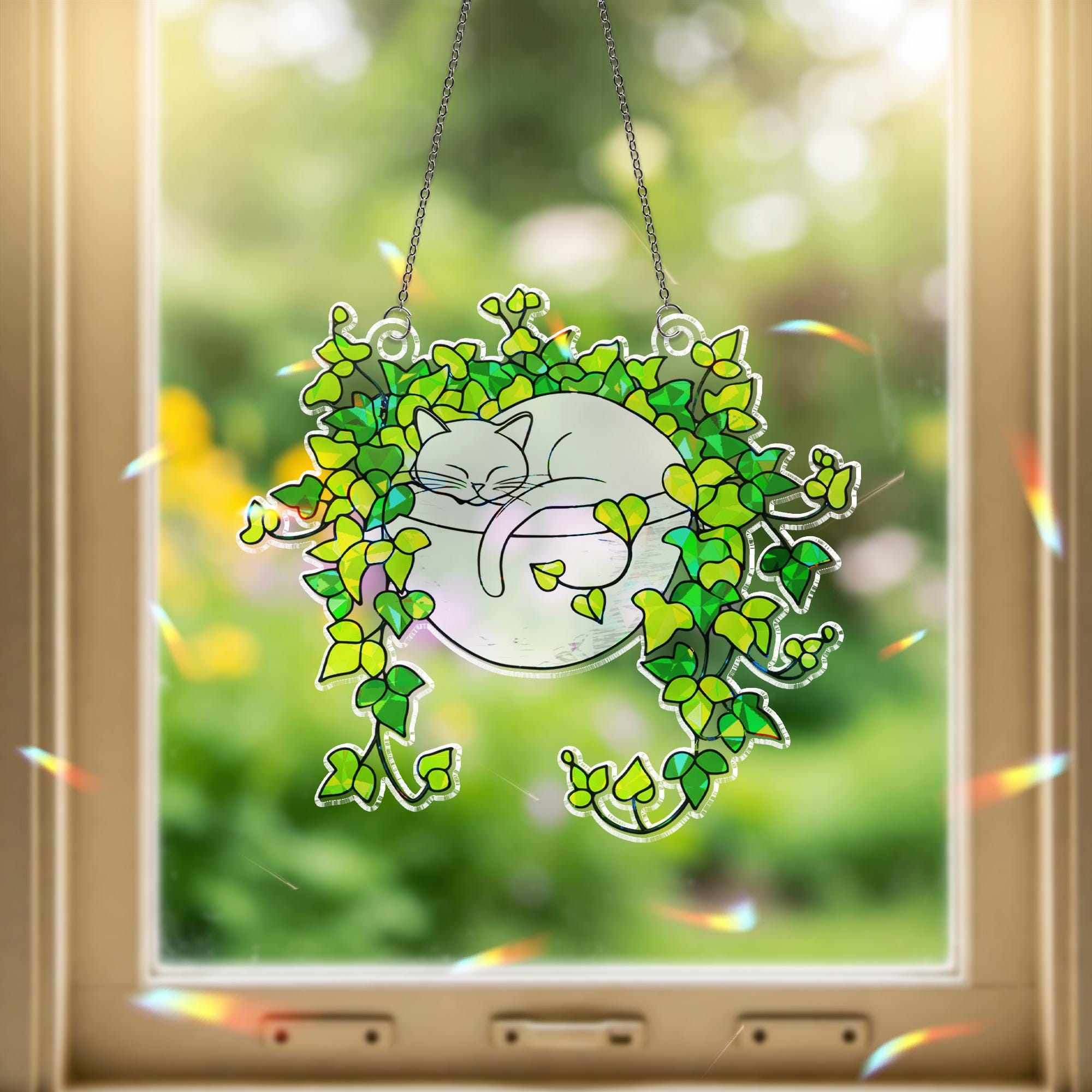 White Cat Sleeping on Ivy Hologram Ornament | Cat ACRYLIC Window Hanging | Plant Lover Gift | Ivy Plants Decor, Cozy Cat Decor, Gift For Mom