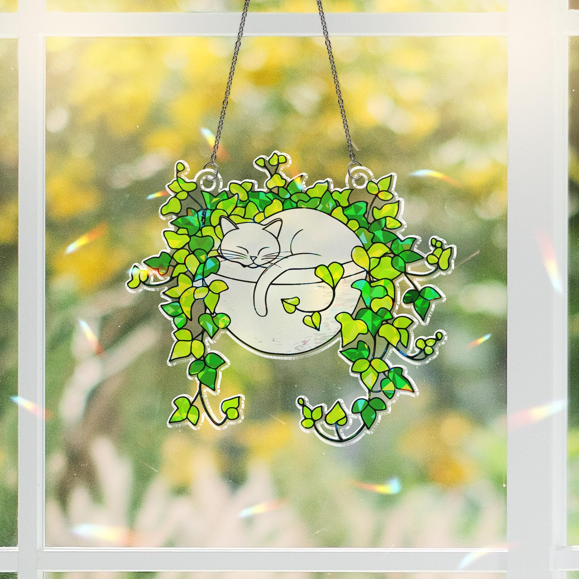 White Cat Sleeping on Ivy Hologram Ornament | Cat ACRYLIC Window Hanging | Plant Lover Gift | Ivy Plants Decor, Cozy Cat Decor, Gift For Mom