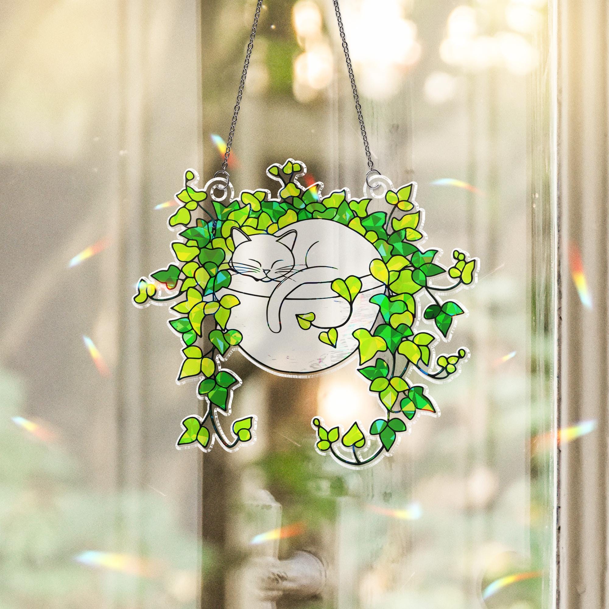 White Cat Sleeping on Ivy Hologram Ornament | Cat ACRYLIC Window Hanging | Plant Lover Gift | Ivy Plants Decor, Cozy Cat Decor, Gift For Mom