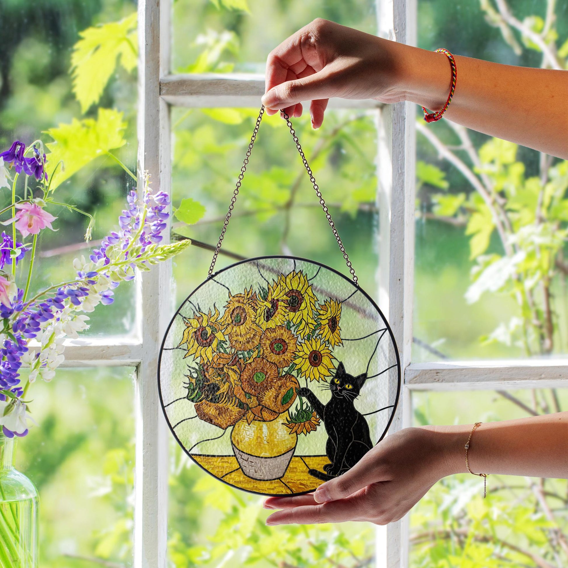 Black Cat Sunflowers Glass Suncatcher, Floral Window Hanging, Cat Lover Gift, Van Gogh Inspired Art, Black Cat Decor, Cat Planter Gift