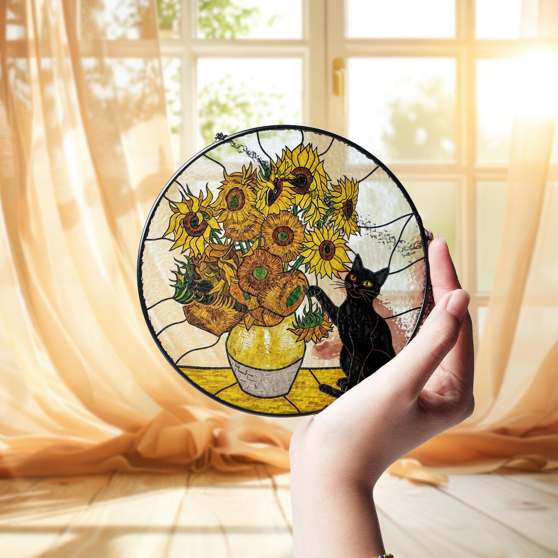Black Cat Sunflowers Glass Suncatcher, Floral Window Hanging, Cat Lover Gift, Van Gogh Inspired Art, Black Cat Decor, Cat Planter Gift