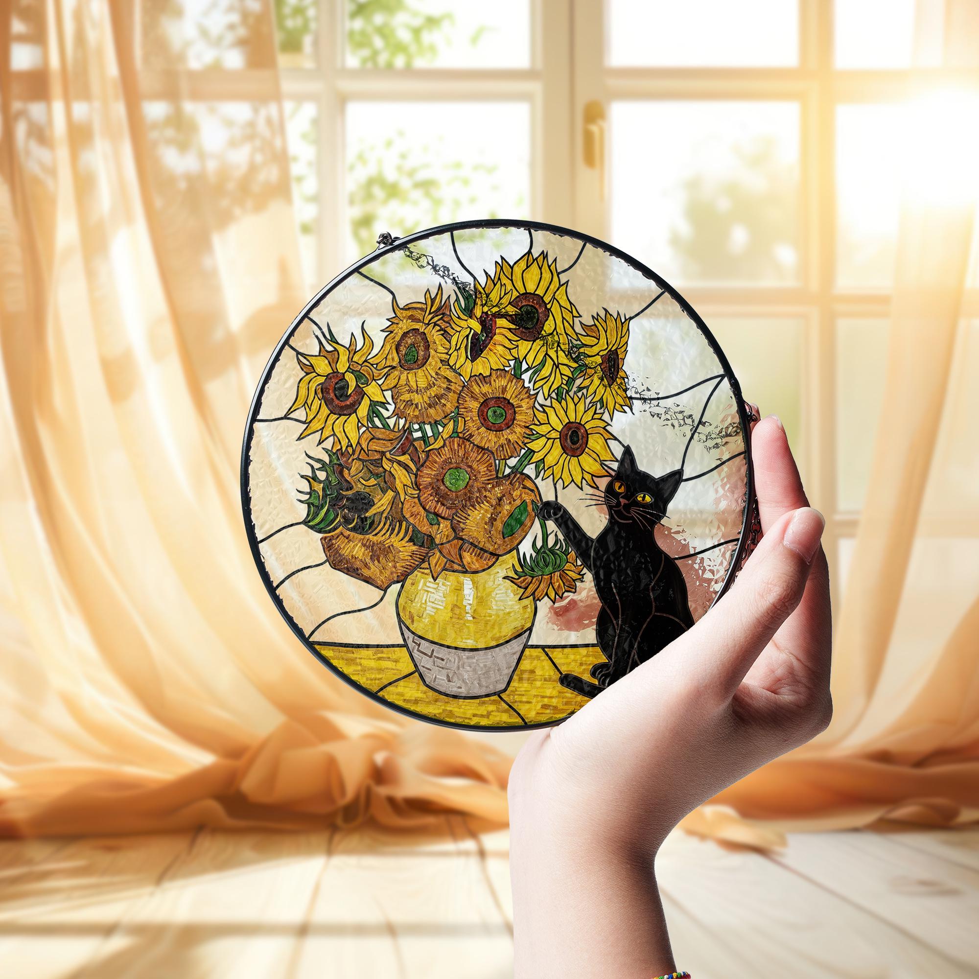 Black Cat Sunflowers Glass Suncatcher, Floral Window Hanging, Cat Lover Gift, Van Gogh Inspired Art, Black Cat Decor, Cat Planter Gift