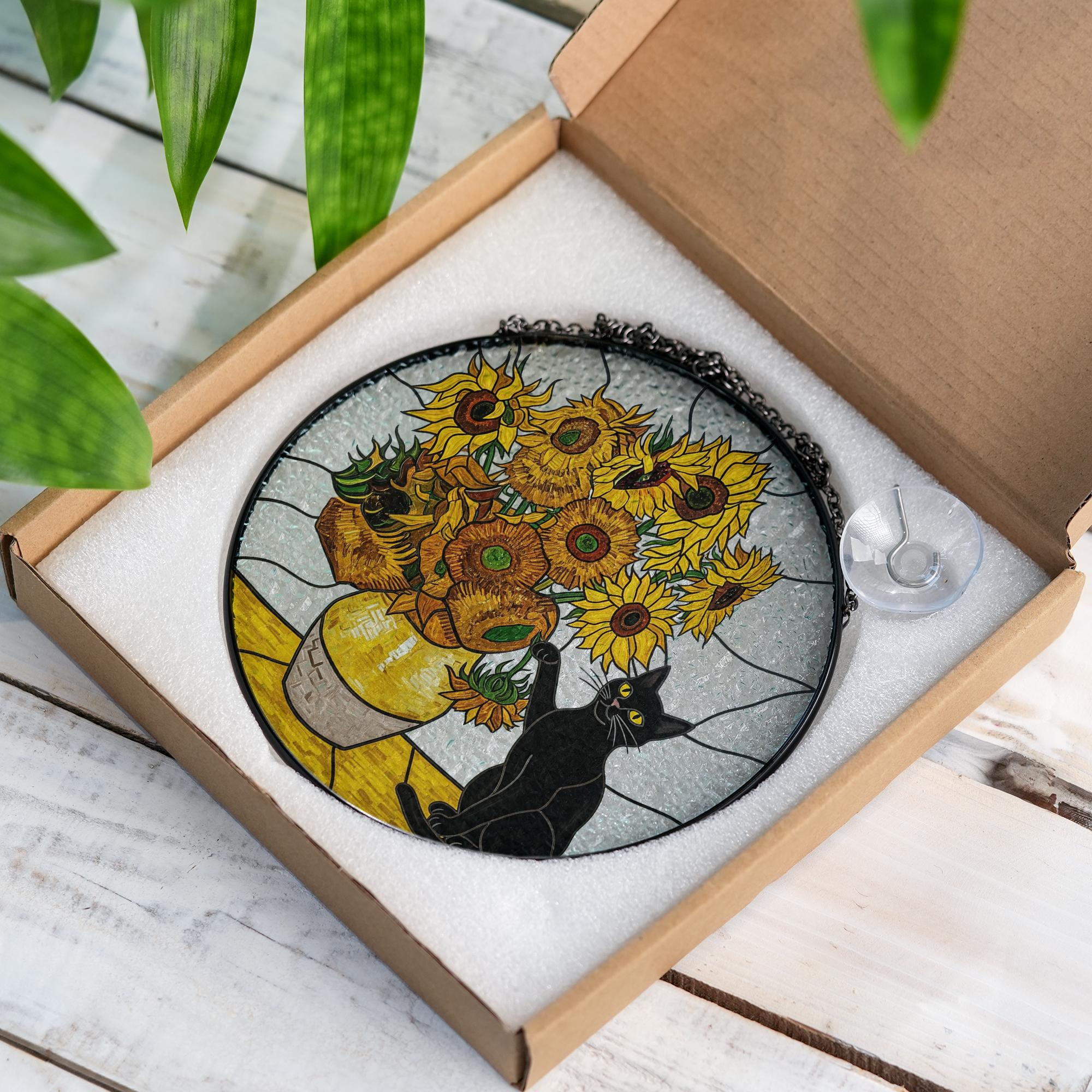 Black Cat Sunflowers Glass Suncatcher, Floral Window Hanging, Cat Lover Gift, Van Gogh Inspired Art, Black Cat Decor, Cat Planter Gift