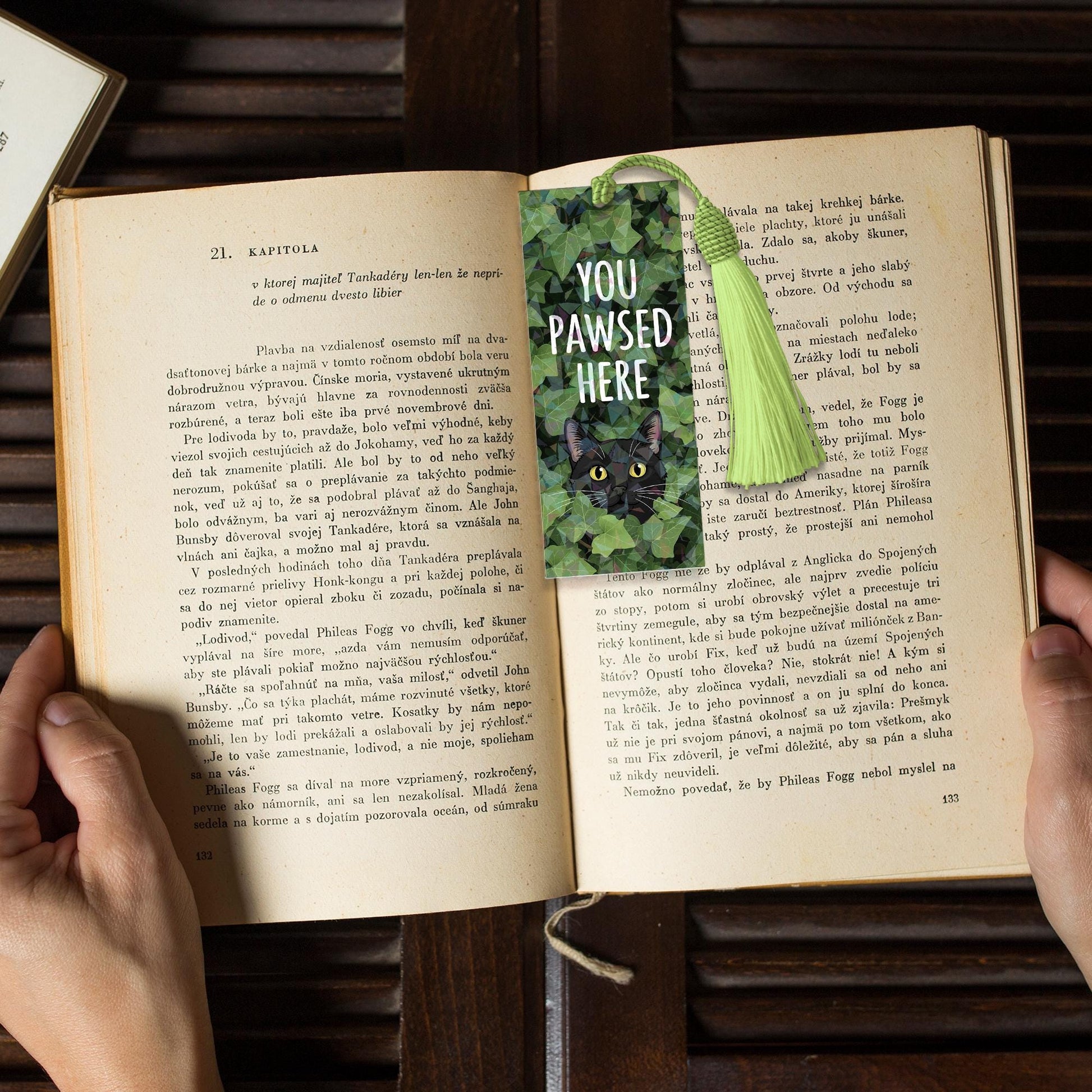 Funny Black Cat In Ivy Plants Bookmark – "You Pawsed Here" Tassel Bookmark for Cat Lovers, Cute Gift for Readers, Bookish Cat Pun Accessory