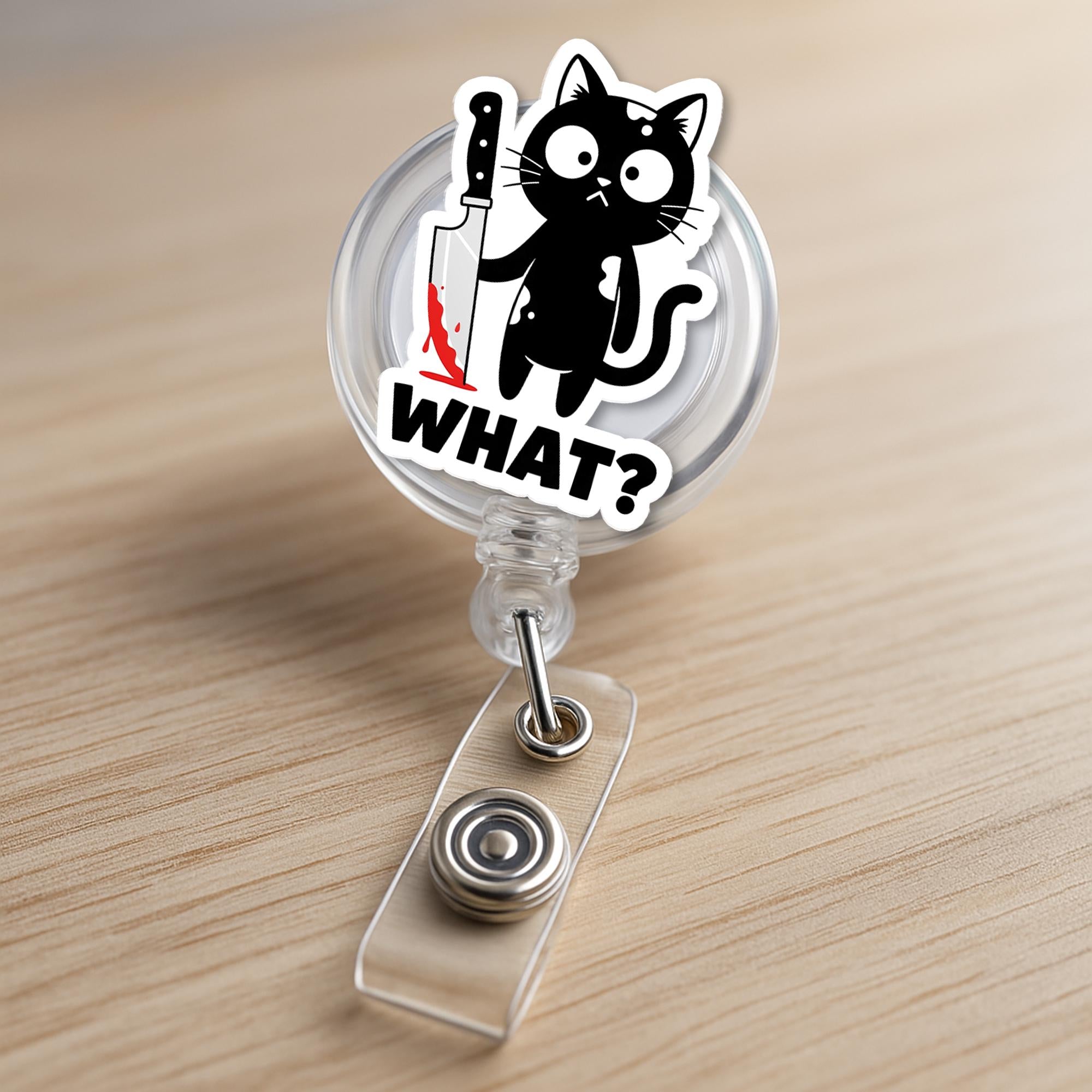 Funny Black Cat Badge Reel – "What?" Cat ID Holder, Cute Dark Humor Badge Clip for Nurses, Vet Techs, Teachers, Staffs, Black Cat Decor