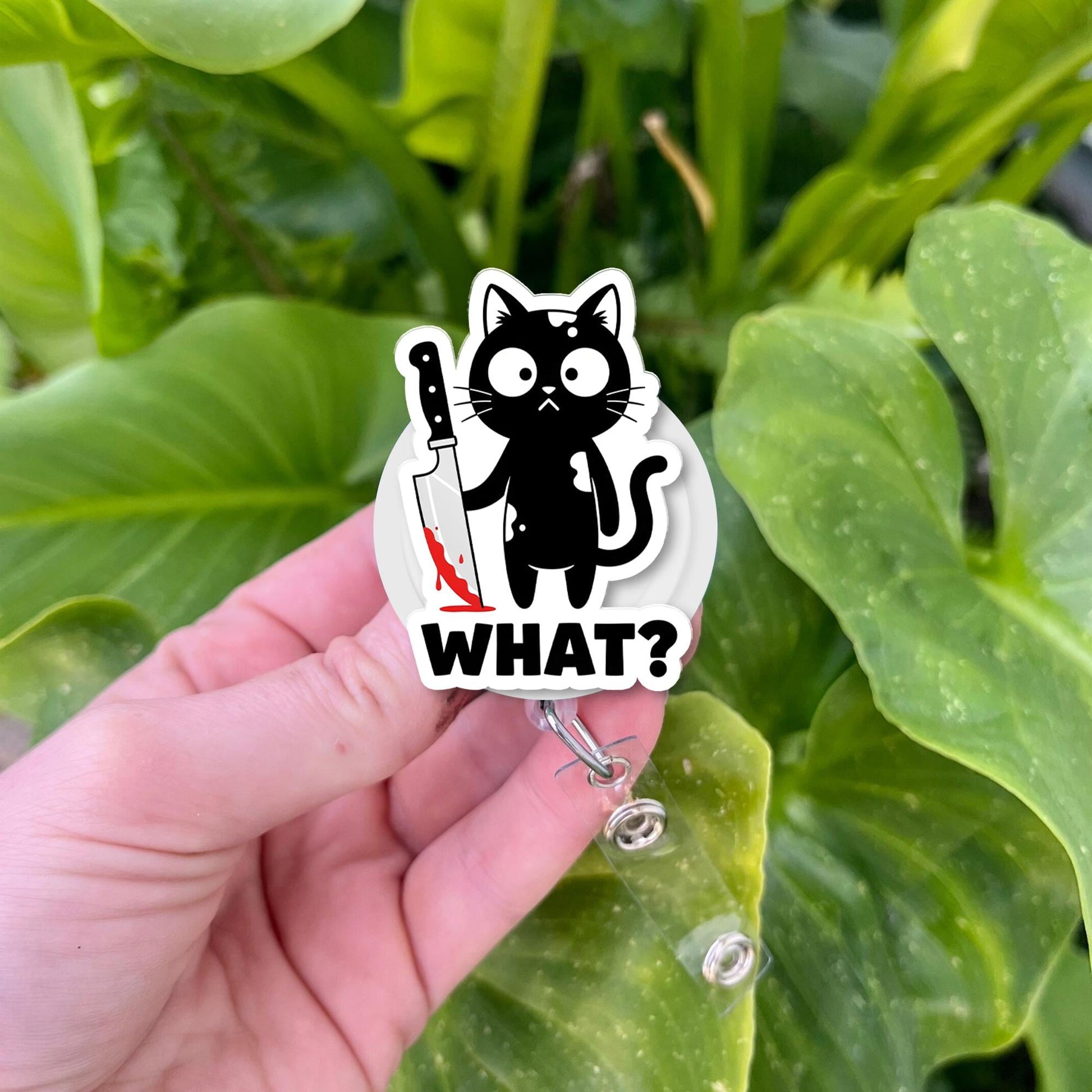 Funny Black Cat Badge Reel – "What?" Cat ID Holder, Cute Dark Humor Badge Clip for Nurses, Vet Techs, Teachers, Staffs, Black Cat Decor
