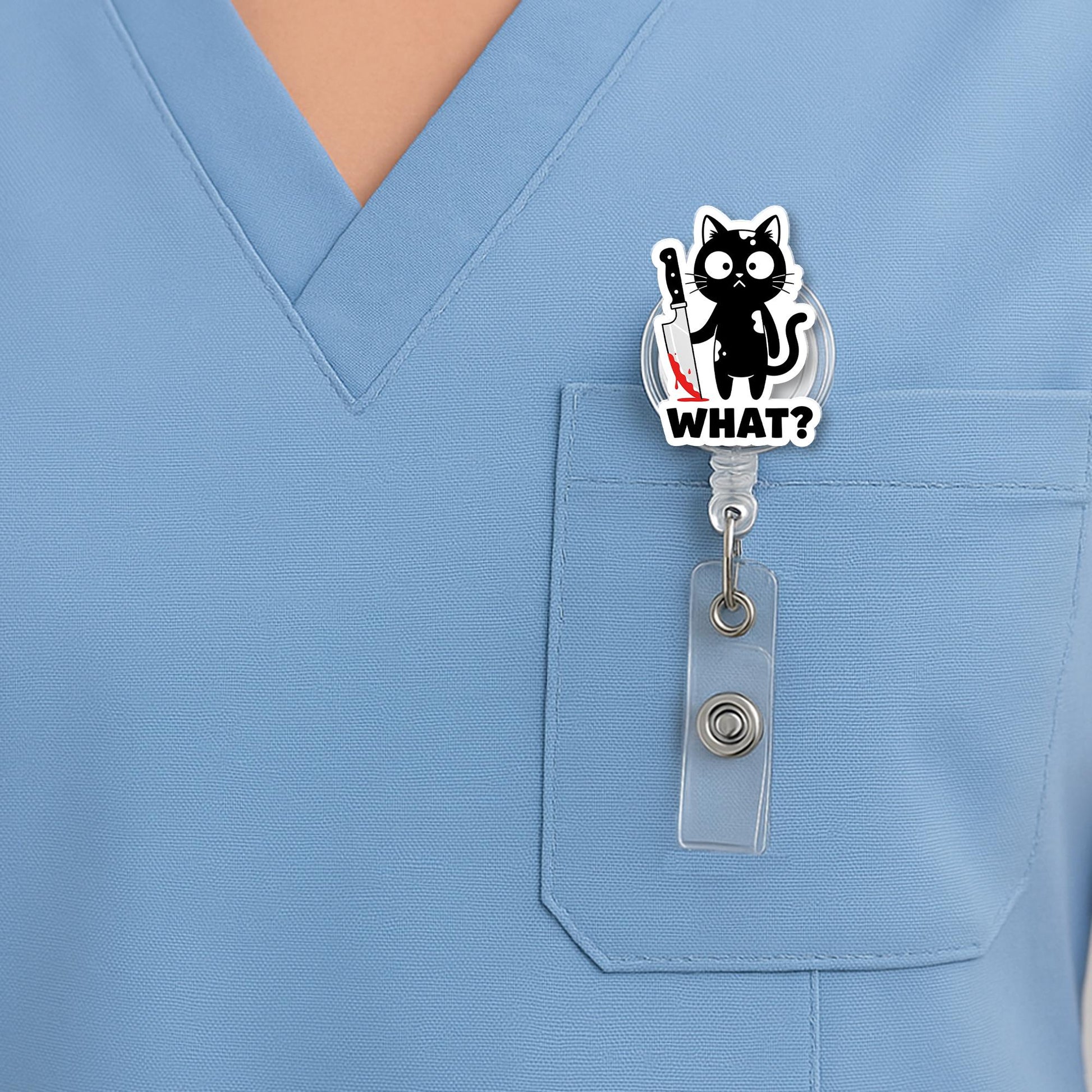 Funny Black Cat Badge Reel – "What?" Cat ID Holder, Cute Dark Humor Badge Clip for Nurses, Vet Techs, Teachers, Staffs, Black Cat Decor