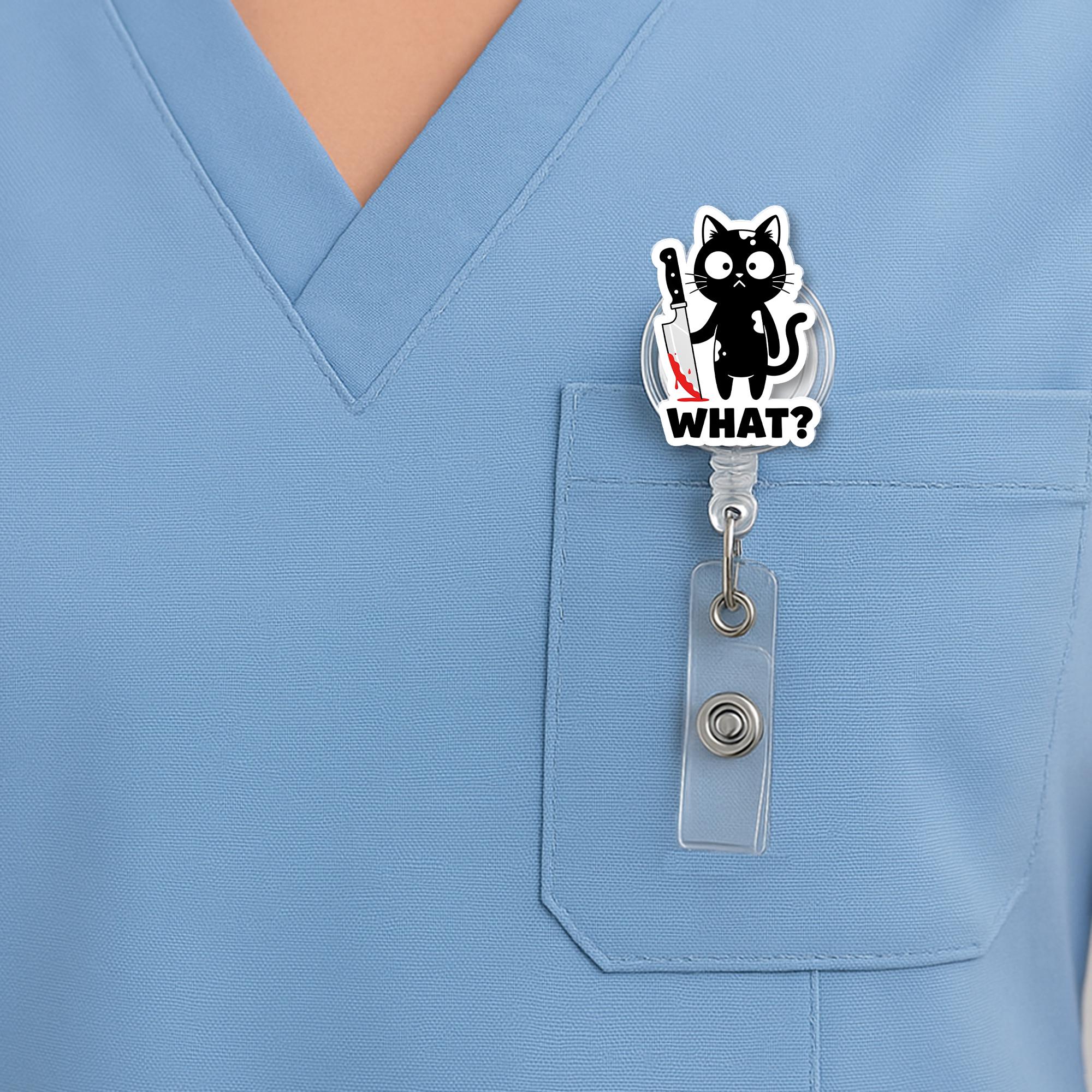 Funny Black Cat Badge Reel – "What?" Cat ID Holder, Cute Dark Humor Badge Clip for Nurses, Vet Techs, Teachers, Staffs, Black Cat Decor
