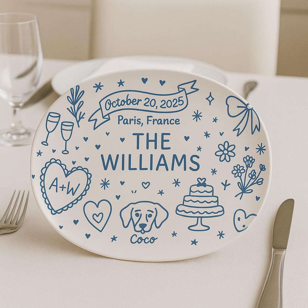 Personalized Wedding Memory Platter with Dog & Date, Custom Couple Name Plate, Romantic Anniversary or Bridal Shower Gift