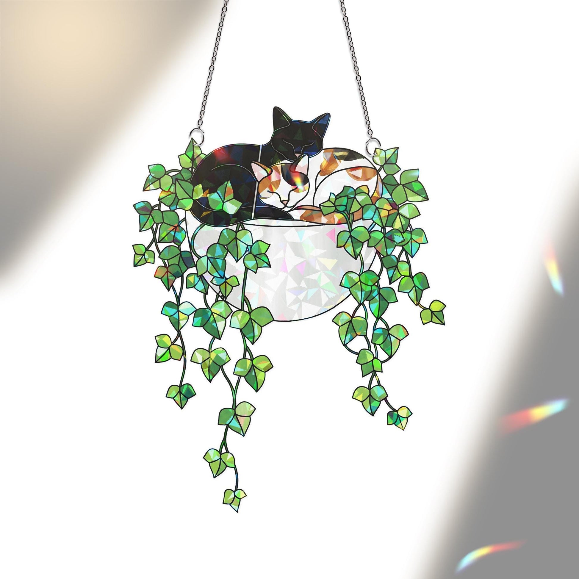 Black Cat with Calico cat Sleeping on Ivy Hologram Ornament, Cat ACRYLIC Window Hanging, Plant Lover Gift, Ivy Plants Decor, Cozy Cat Decor