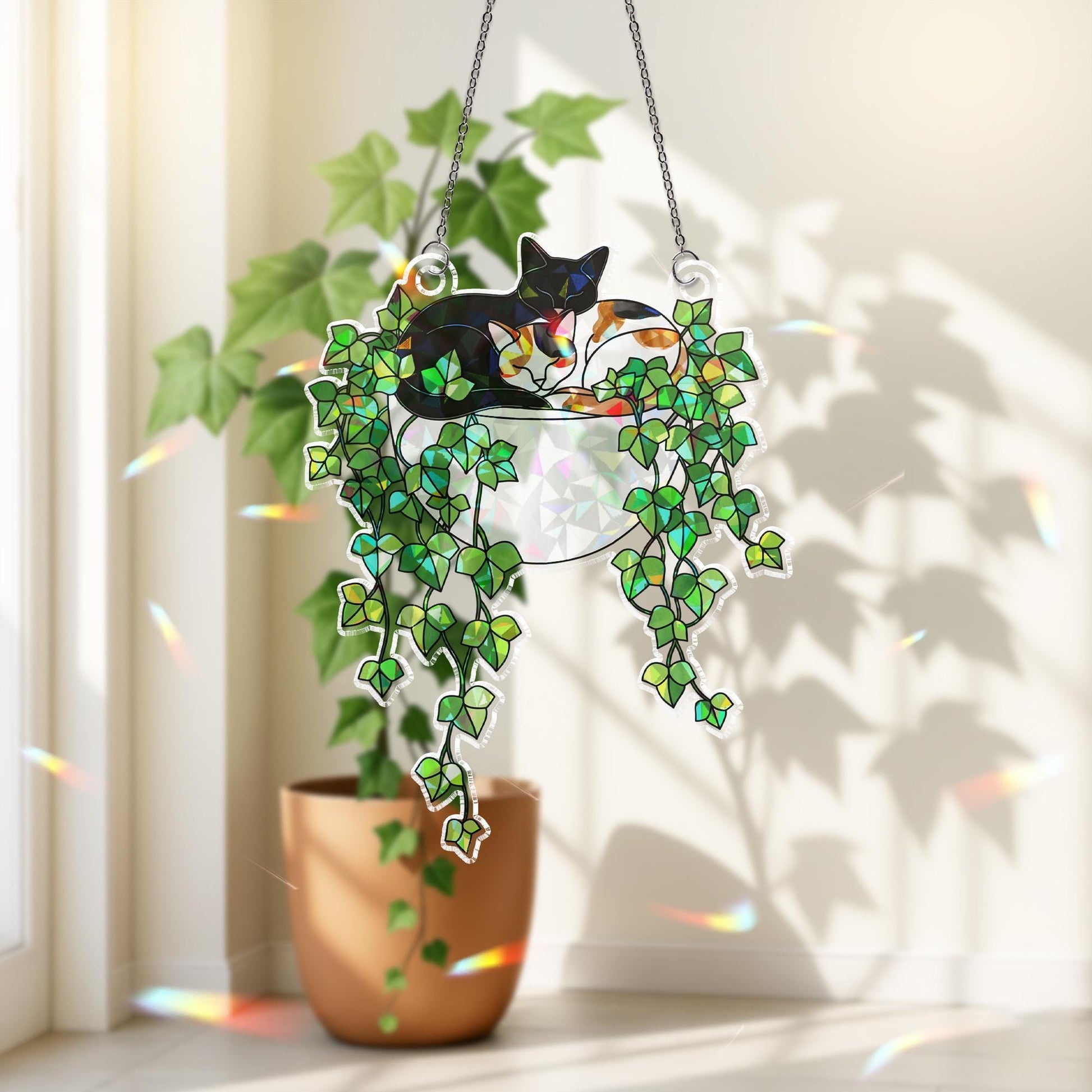 Black Cat with Calico cat Sleeping on Ivy Hologram Ornament, Cat ACRYLIC Window Hanging, Plant Lover Gift, Ivy Plants Decor, Cozy Cat Decor