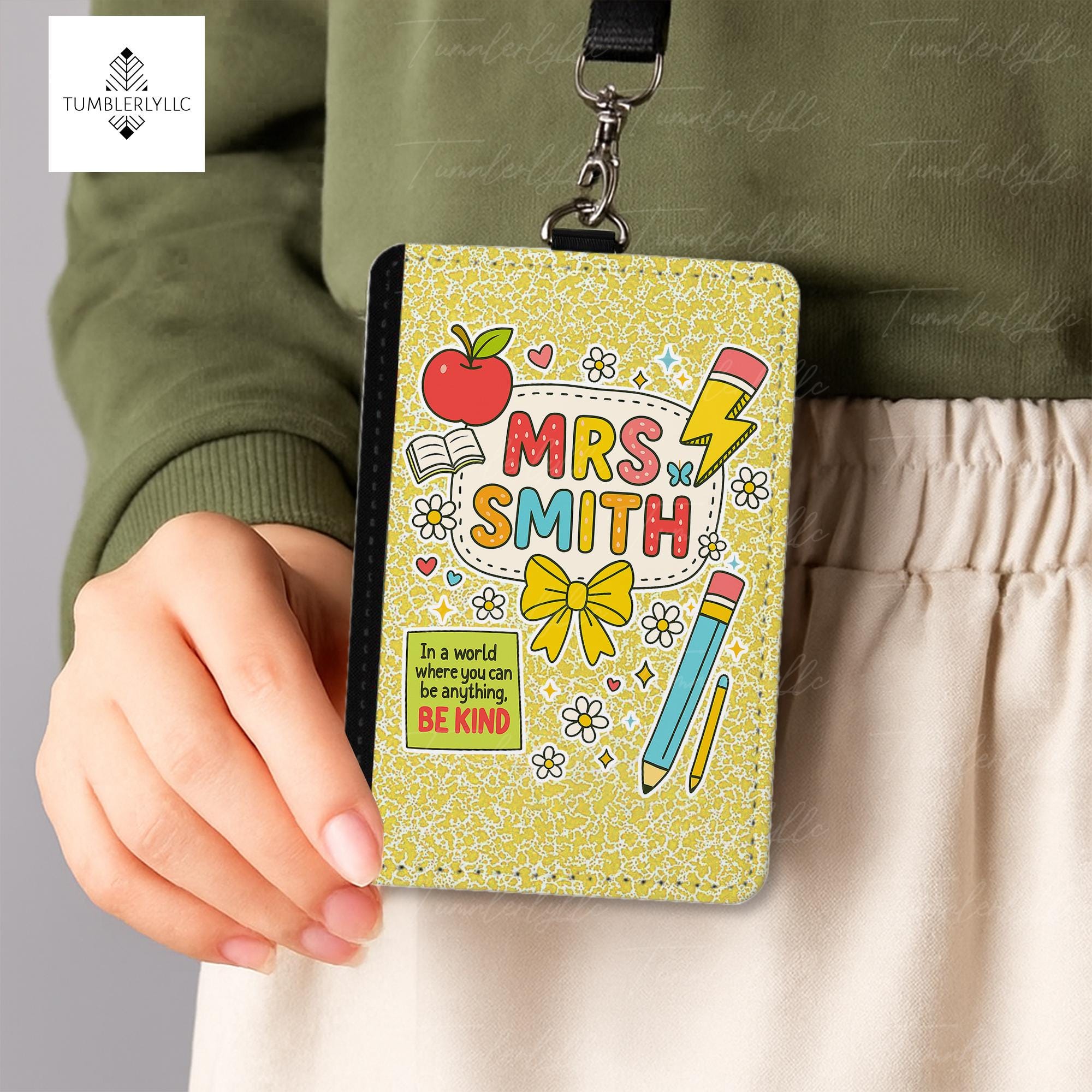 Teacher ID Badge Holder, Composition Book Style ID Case, Cute Back to School Gift, Personalized Name Tag, Be Kind Lanyard
