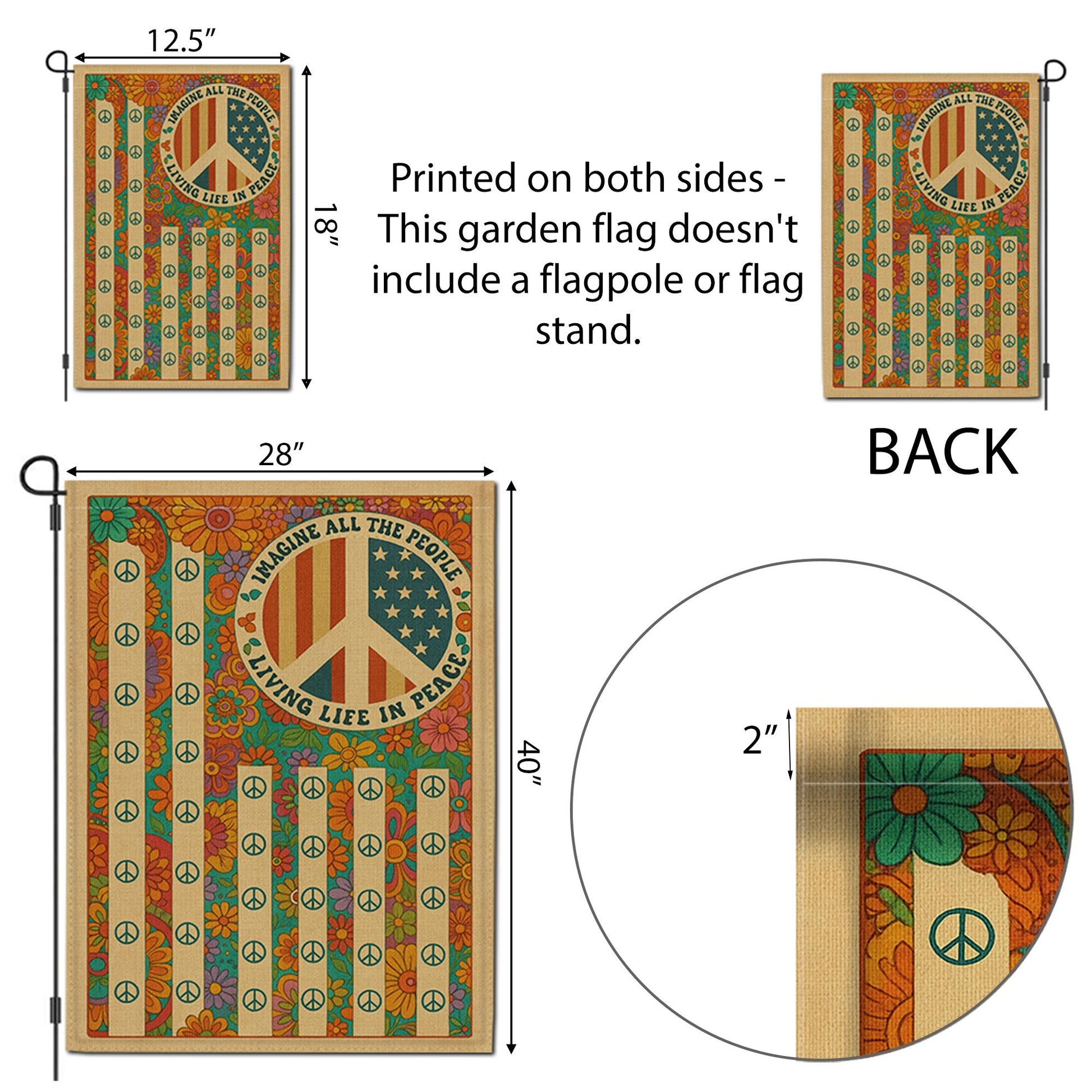 Imagine All the People Garden Flag, Retro Peace Sign Yard Banner, Hippie Floral Outdoor Decor, Vintage 70s Summer Flag