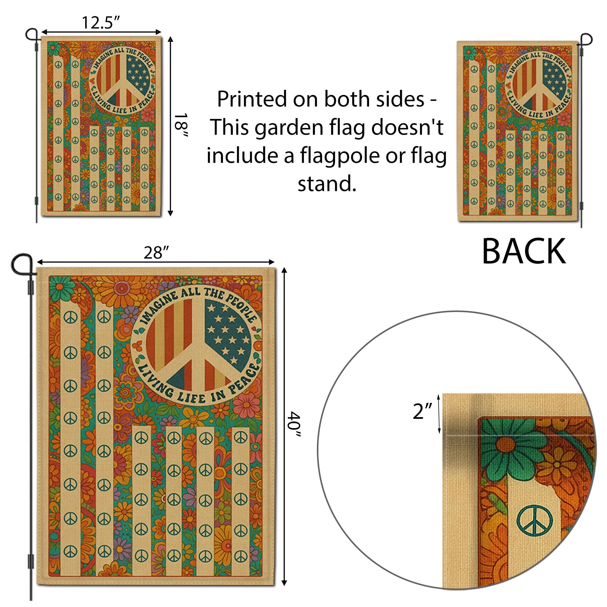Imagine All the People Garden Flag, Retro Peace Sign Yard Banner, Hippie Floral Outdoor Decor, Vintage 70s Summer Flag