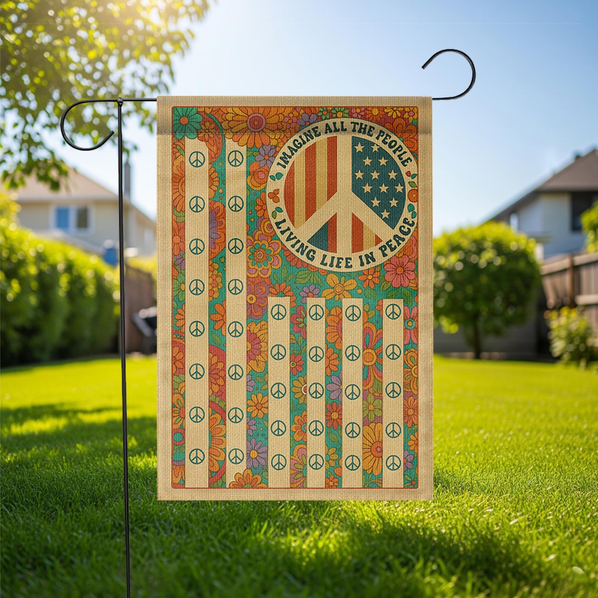 Imagine All the People Garden Flag, Retro Peace Sign Yard Banner, Hippie Floral Outdoor Decor, Vintage 70s Summer Flag