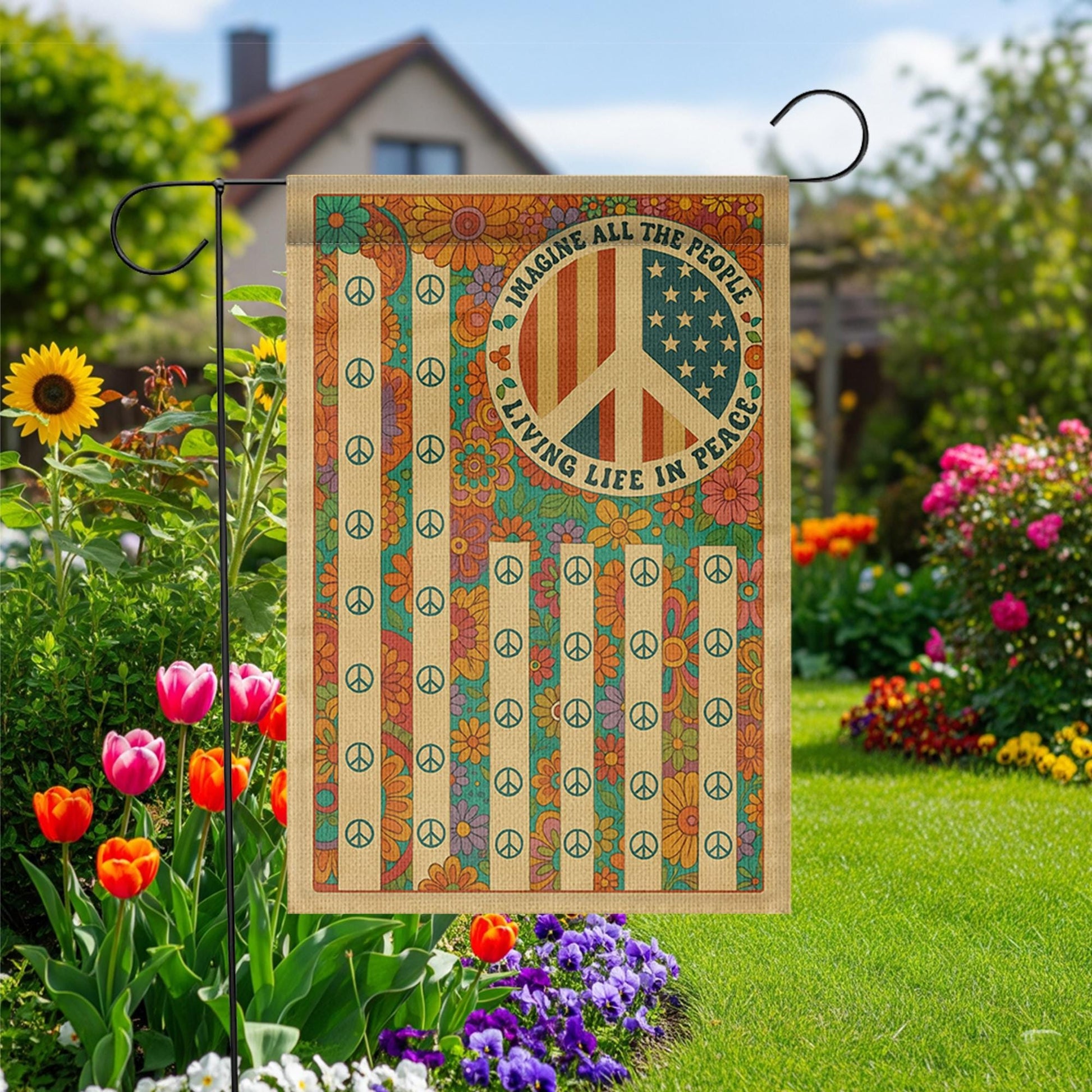 Imagine All the People Garden Flag, Retro Peace Sign Yard Banner, Hippie Floral Outdoor Decor, Vintage 70s Summer Flag