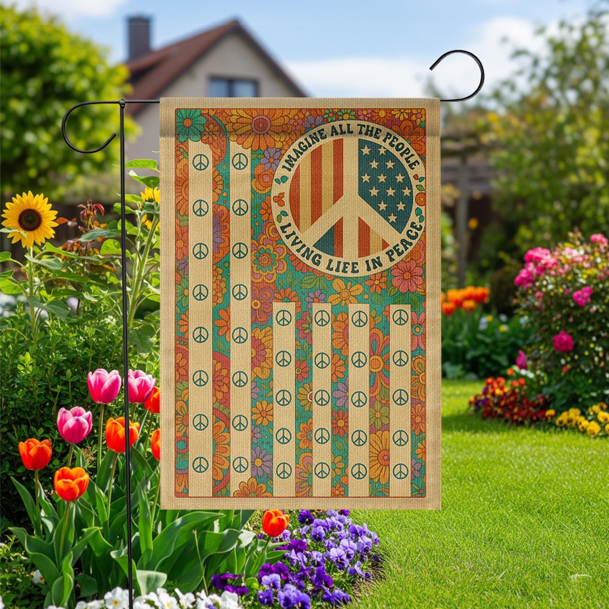 Imagine All the People Garden Flag, Retro Peace Sign Yard Banner, Hippie Floral Outdoor Decor, Vintage 70s Summer Flag