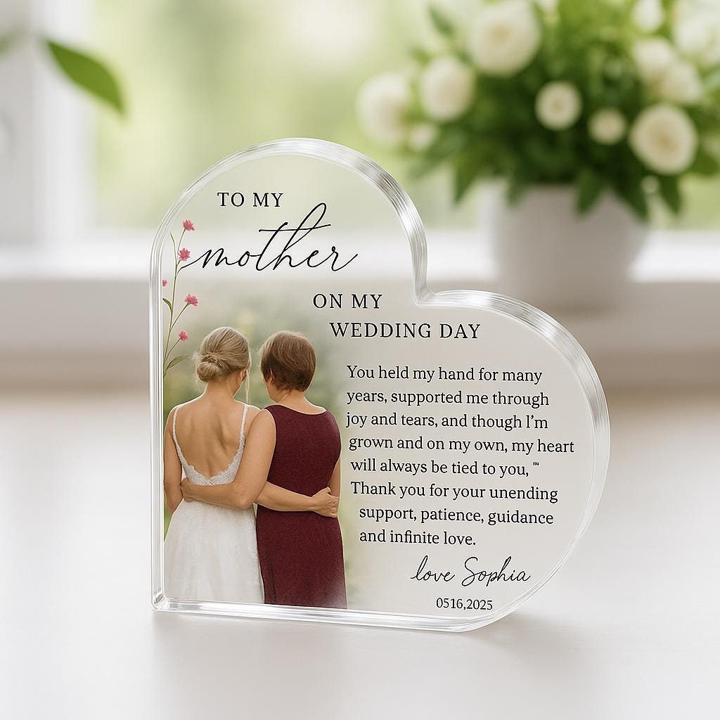Custom Wedding Gift for Mother of the Bride, Personalized Heart Acrylic Plaque with Photo & Message, Sentimental Keepsake from Daughter