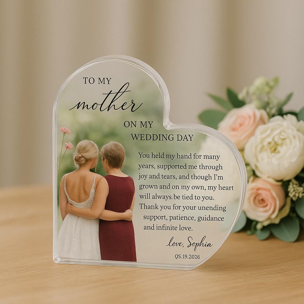 Custom Wedding Gift for Mother of the Bride, Personalized Heart Acrylic Plaque with Photo & Message, Sentimental Keepsake from Daughter