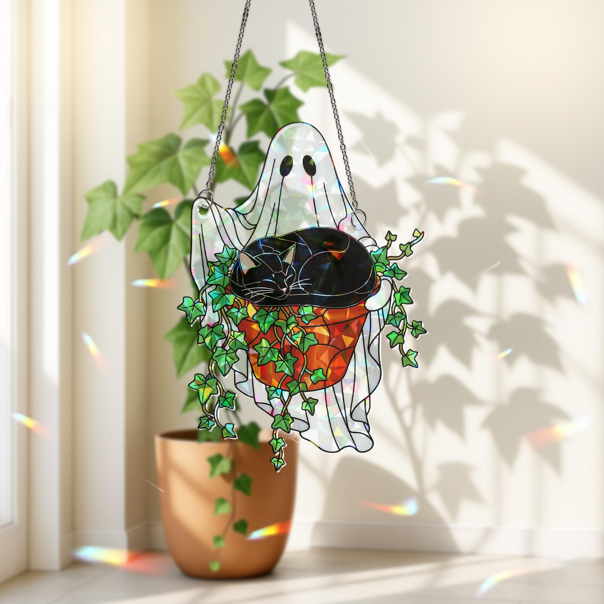 Ghost Cat Ivy Plant Pot Suncatcher, Holographic Acrylic Halloween Decor, Spooky Cute Window Ornament for Cat Moms & Plant Lovers