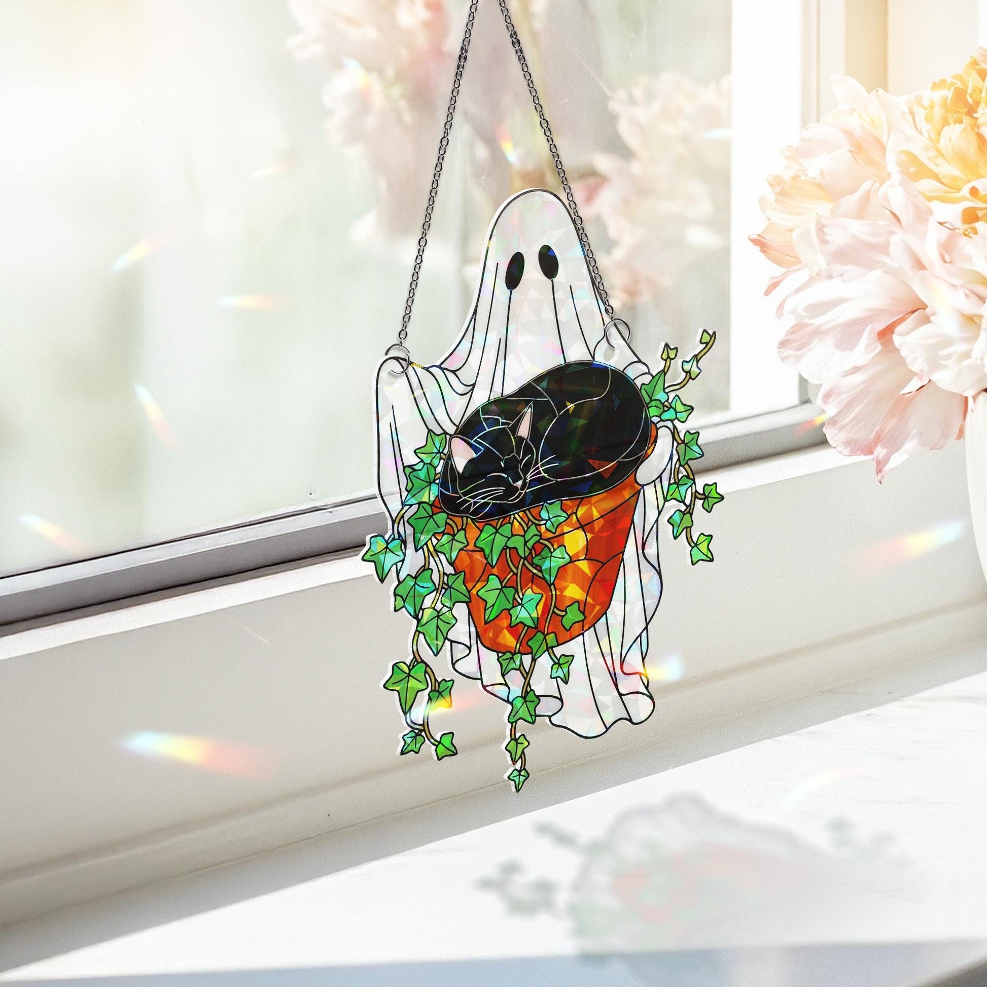 Ghost Cat Ivy Plant Pot Suncatcher, Holographic Acrylic Halloween Decor, Spooky Cute Window Ornament for Cat Moms & Plant Lovers