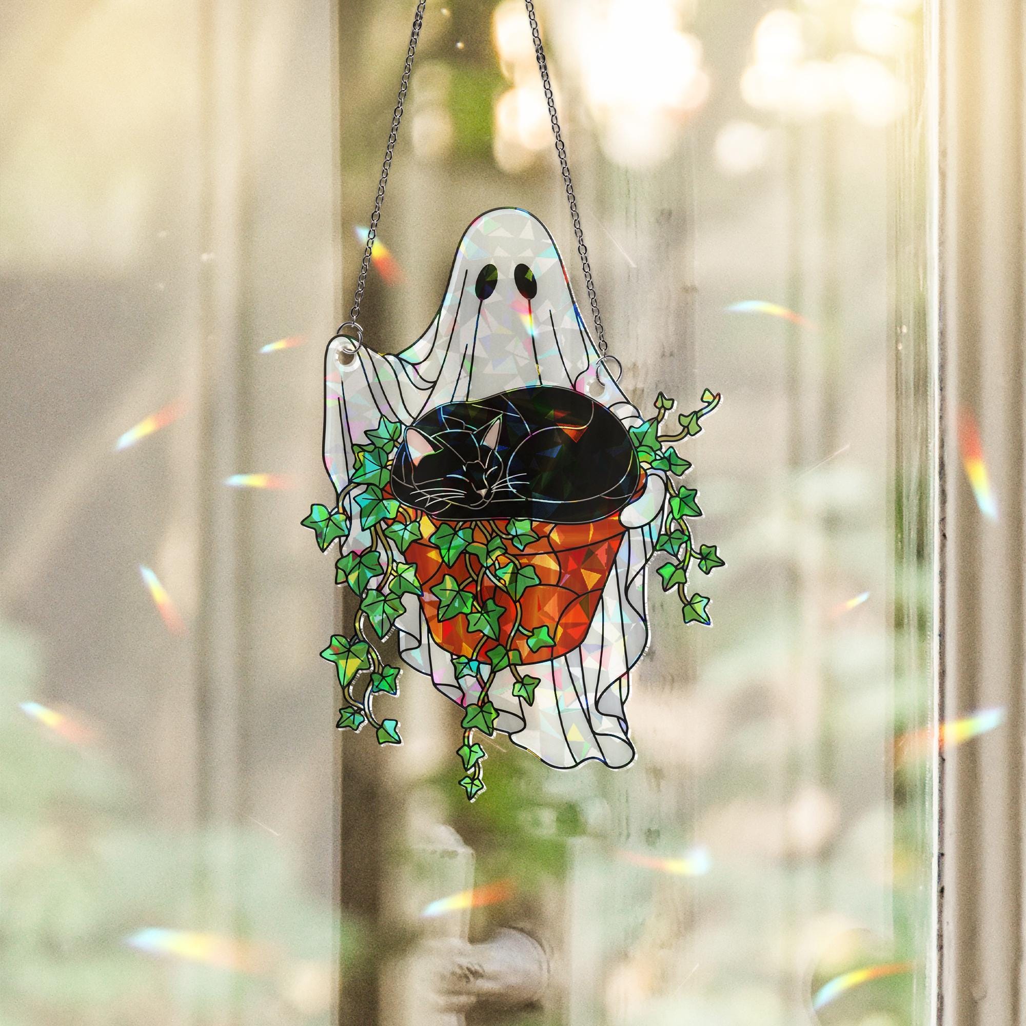 Ghost Cat Ivy Plant Pot Suncatcher, Holographic Acrylic Halloween Decor, Spooky Cute Window Ornament for Cat Moms & Plant Lovers