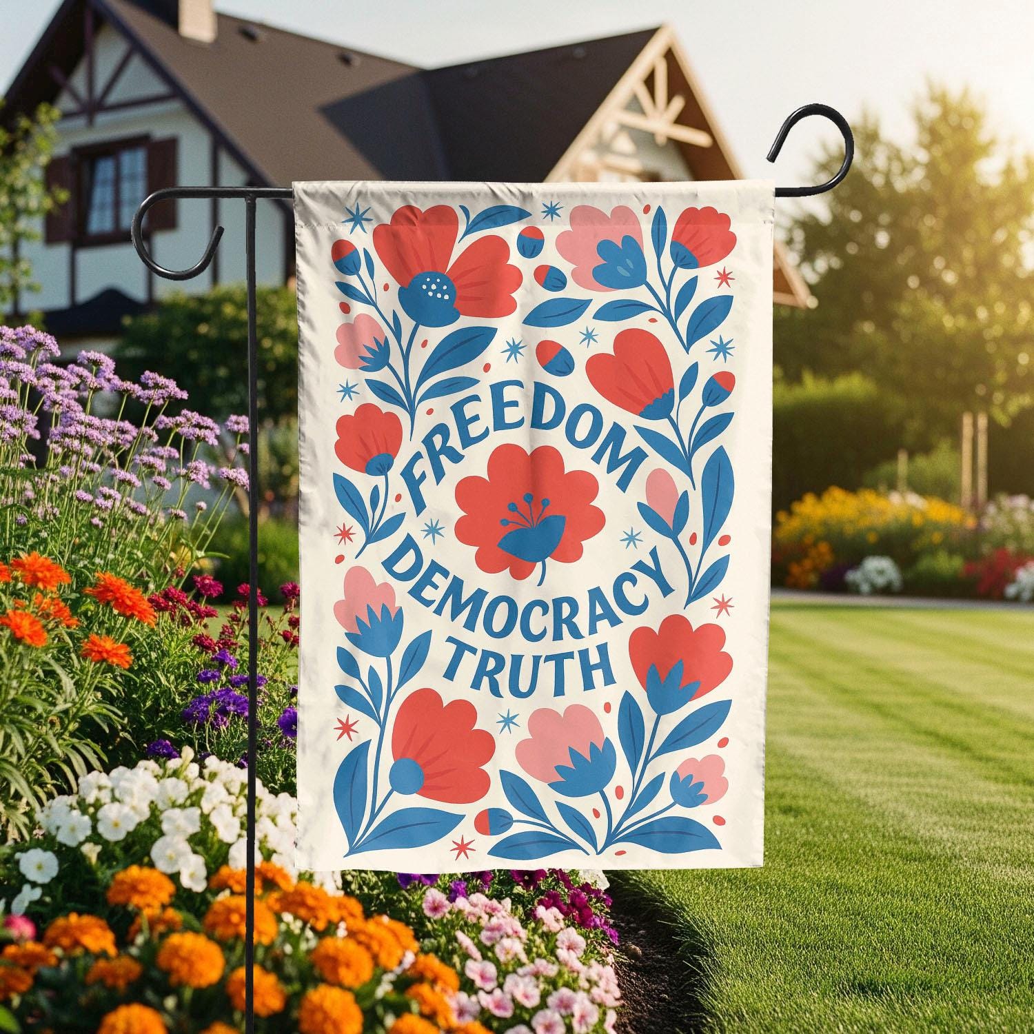 Patriotic Garden Flag, Freedom Democracy Truth Banner, Red White Blue Floral Yard Decor, Summer Political Statement Flag, 4th Of July Decor
