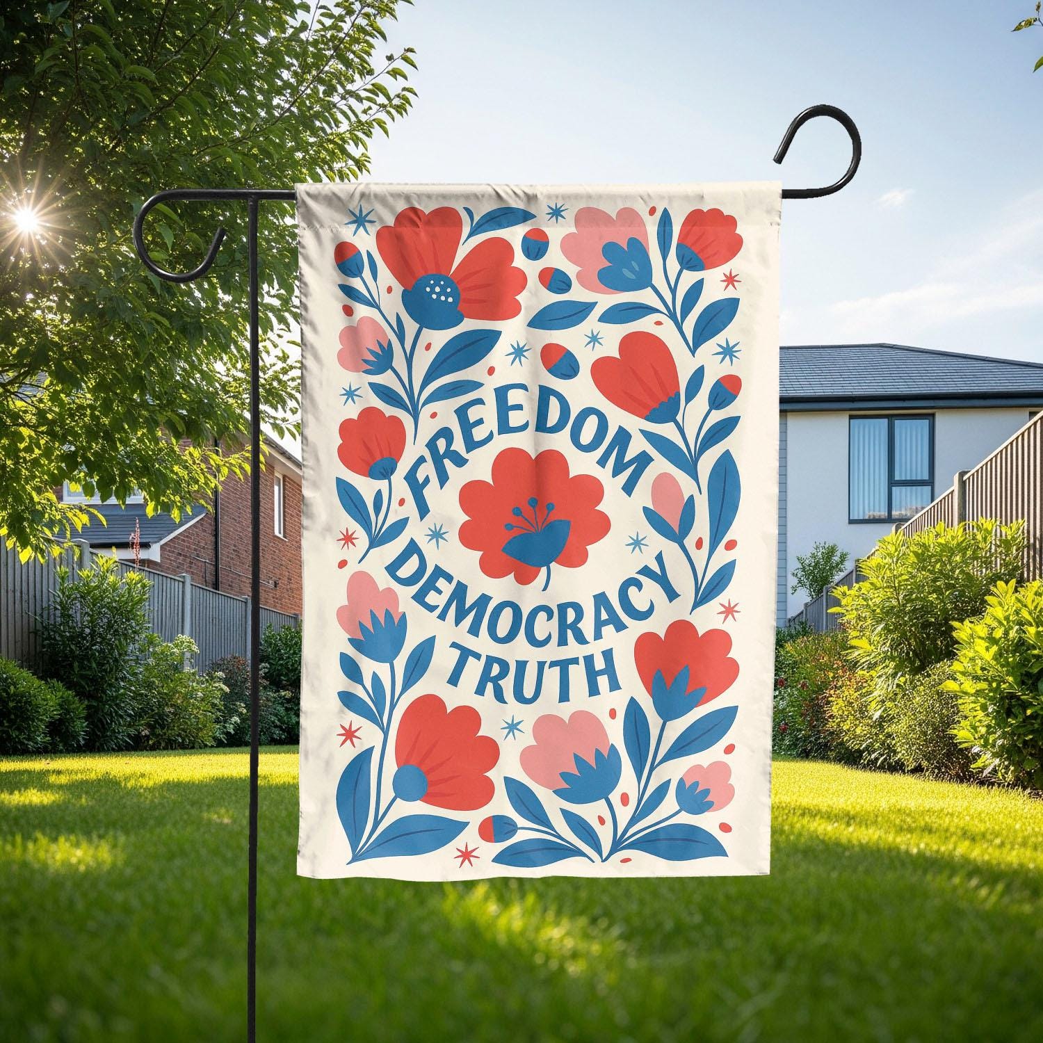 Patriotic Garden Flag, Freedom Democracy Truth Banner, Red White Blue Floral Yard Decor, Summer Political Statement Flag, 4th Of July Decor