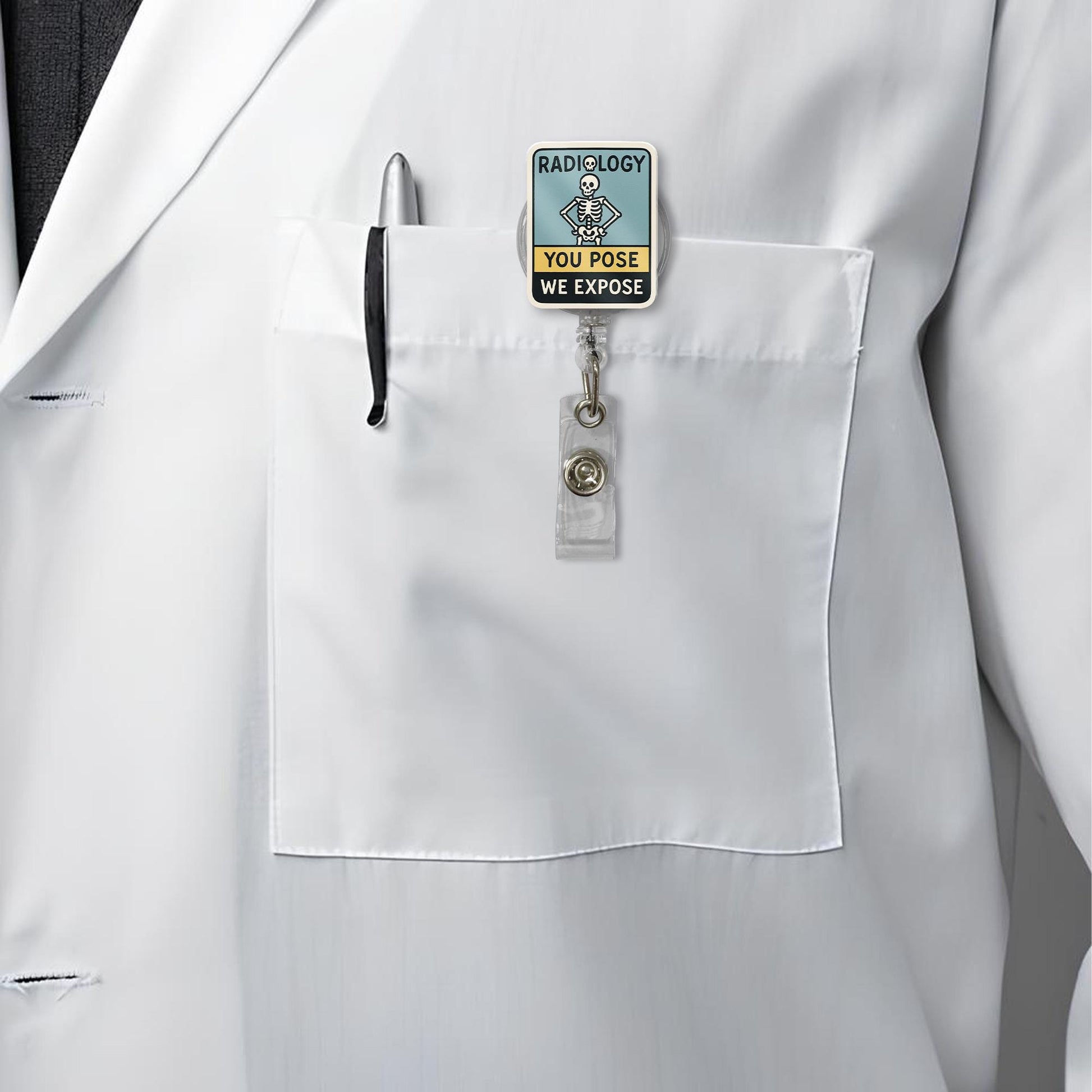 Funny Radiology Badge Reel, You Pose We Expose ID Clip, RT Skeleton Badge Holder, Xray Tech Gift, Radiologic Tech Humor Accessory