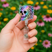 Rainbow Skull Badge Reel, Faux Holographic Floral ID Holder, Cute Nurse Clip, Goth RN Accessory, Day of the Dead Gift, Medical Badge