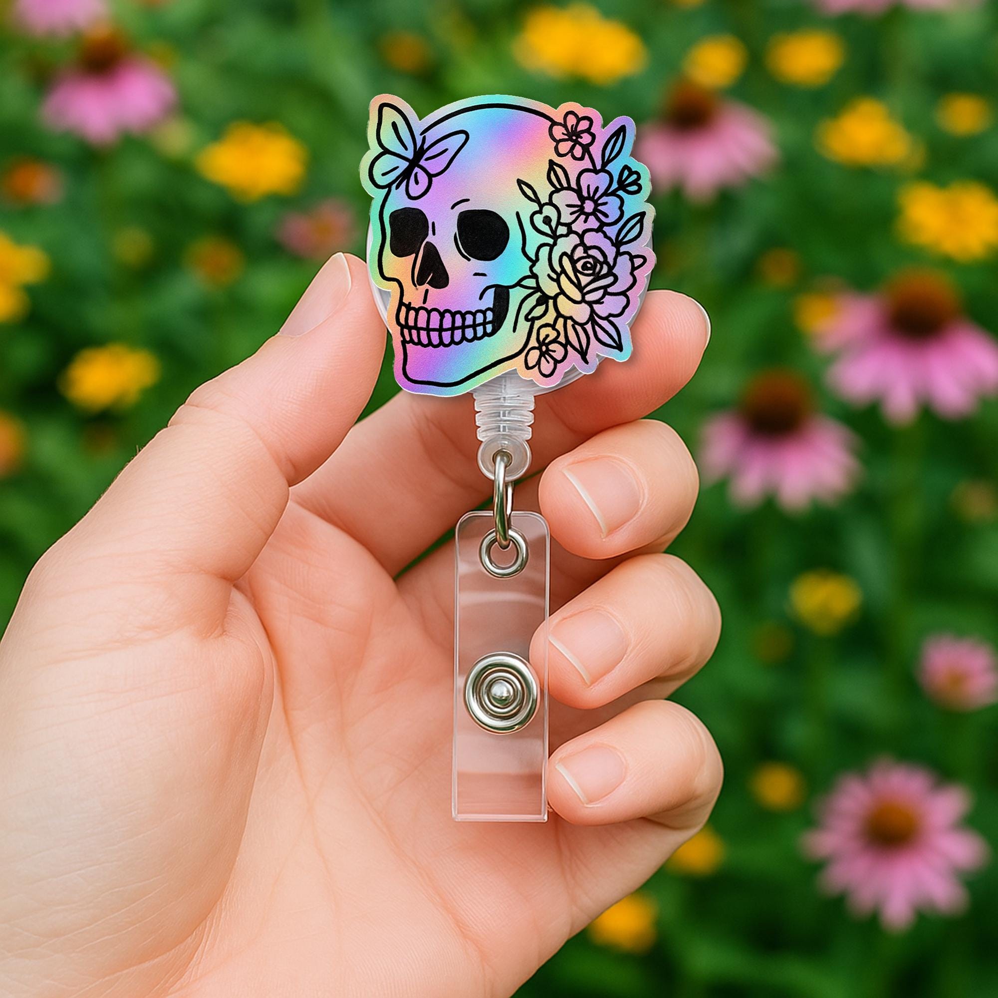 Rainbow Skull Badge Reel, Faux Holographic Floral ID Holder, Cute Nurse Clip, Goth RN Accessory, Day of the Dead Gift, Medical Badge