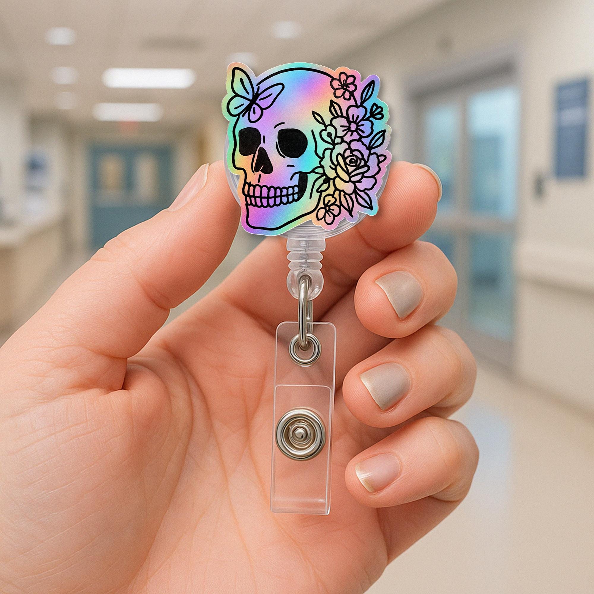 Rainbow Skull Badge Reel, Faux Holographic Floral ID Holder, Cute Nurse Clip, Goth RN Accessory, Day of the Dead Gift, Medical Badge
