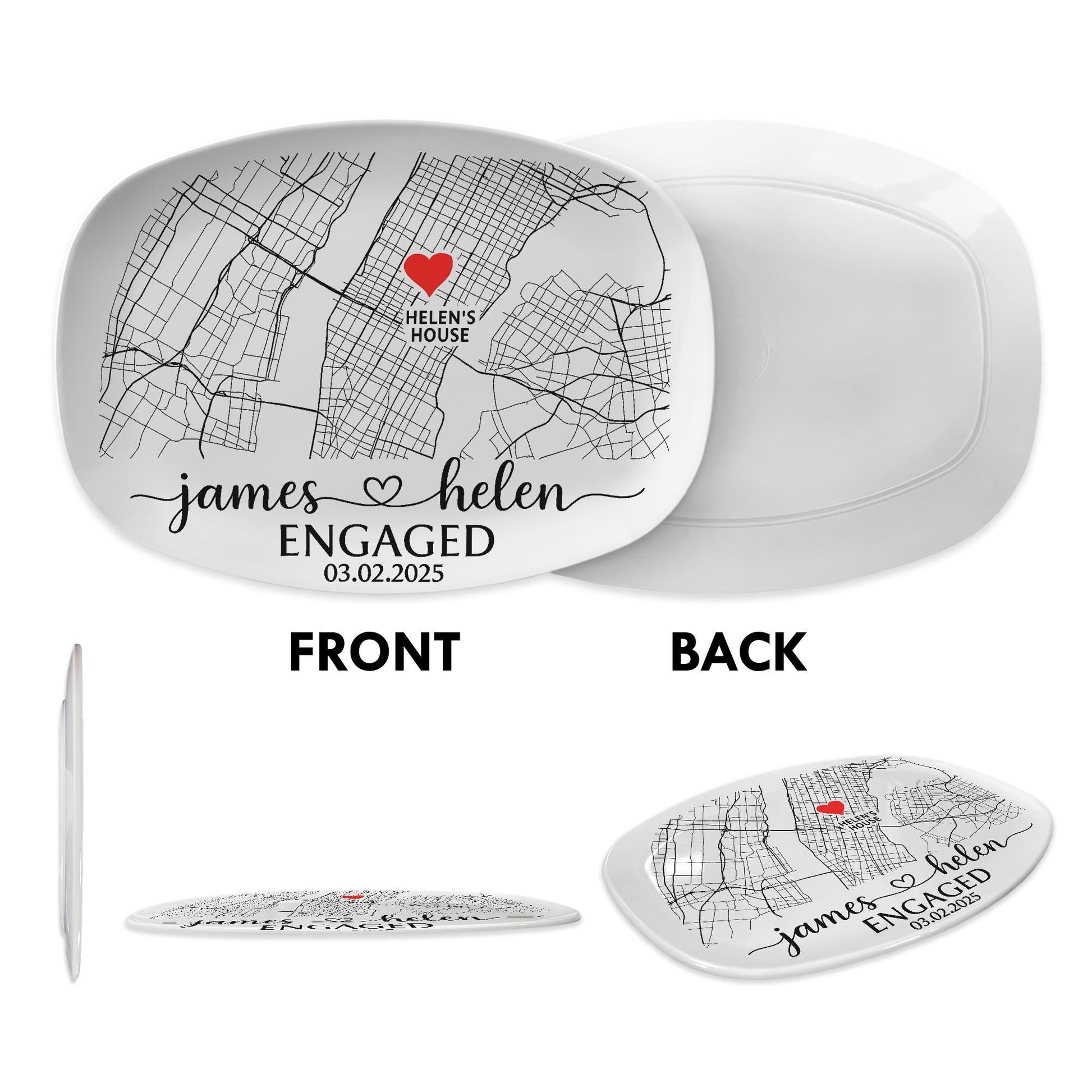 Custom Engagement Map Platter, Couple Location Gift, Personalized Wedding Anniversary Tray, Engagement Gift with Names & Date